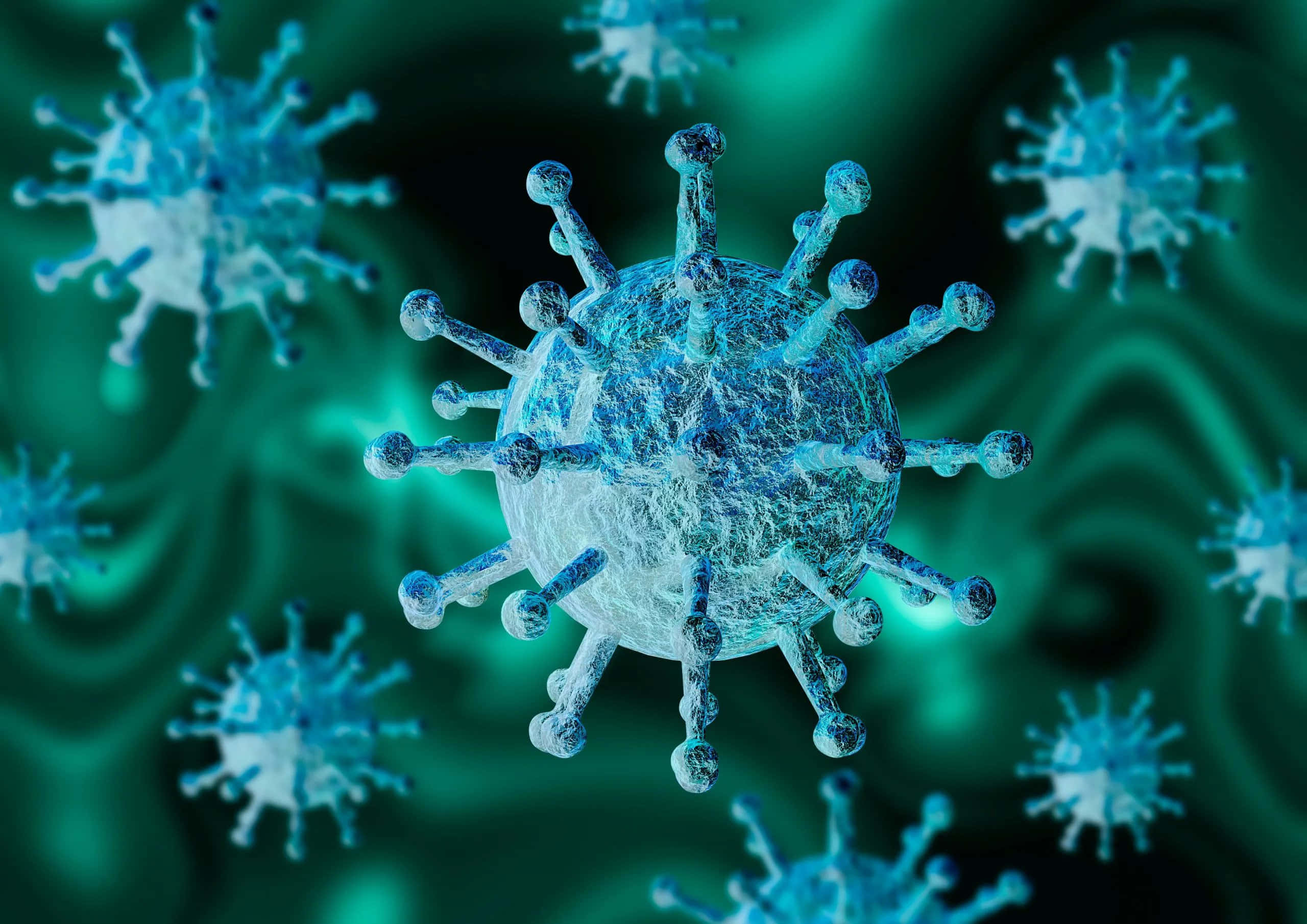 Coronavirus 桌布 壁紙 — 一個帶有刺突蛋白的發光藍色病毒粒子漂浮在旋轉的綠色背景上。