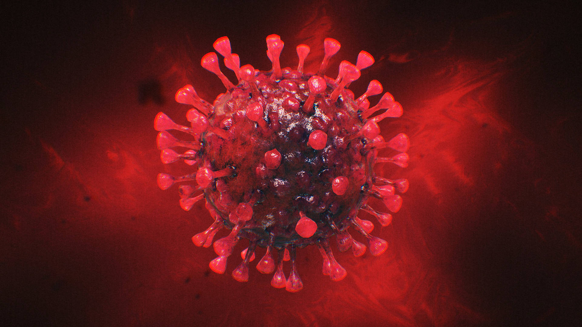 Coronavirus 桌布 壁紙 — 一個帶有刺突蛋白的鮮紅色病毒粒子在深紅色的背景上發光。