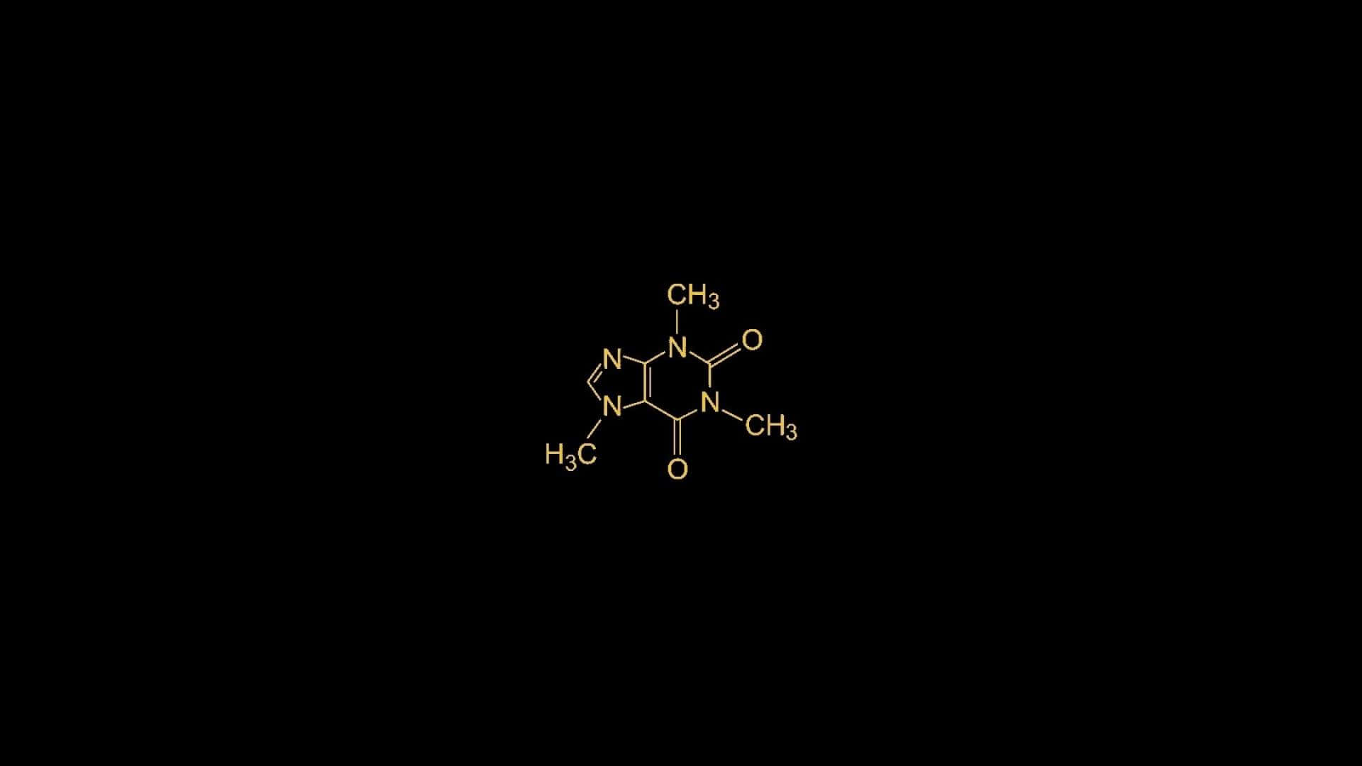 化學 桌布 壁紙 — 一個帶有化學標籤的發光黃色分子結構漂浮在純黑色背景上。
