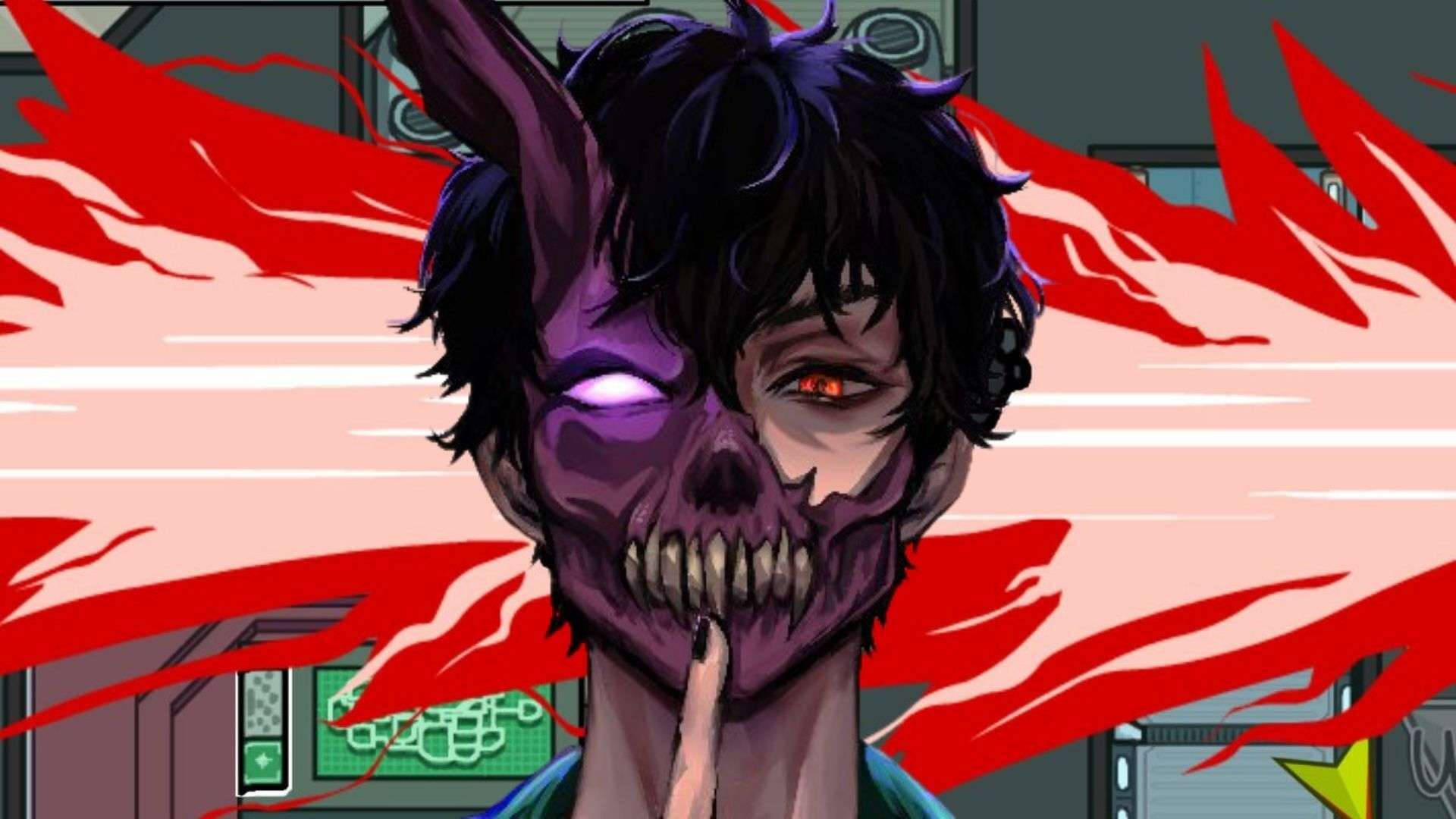 Corpse 桌布 壁紙 — 一個帶有半骷髏臉和發光眼睛的威脅性動漫角色，在紅色能量爆發背景前將手指放在嘴唇上。