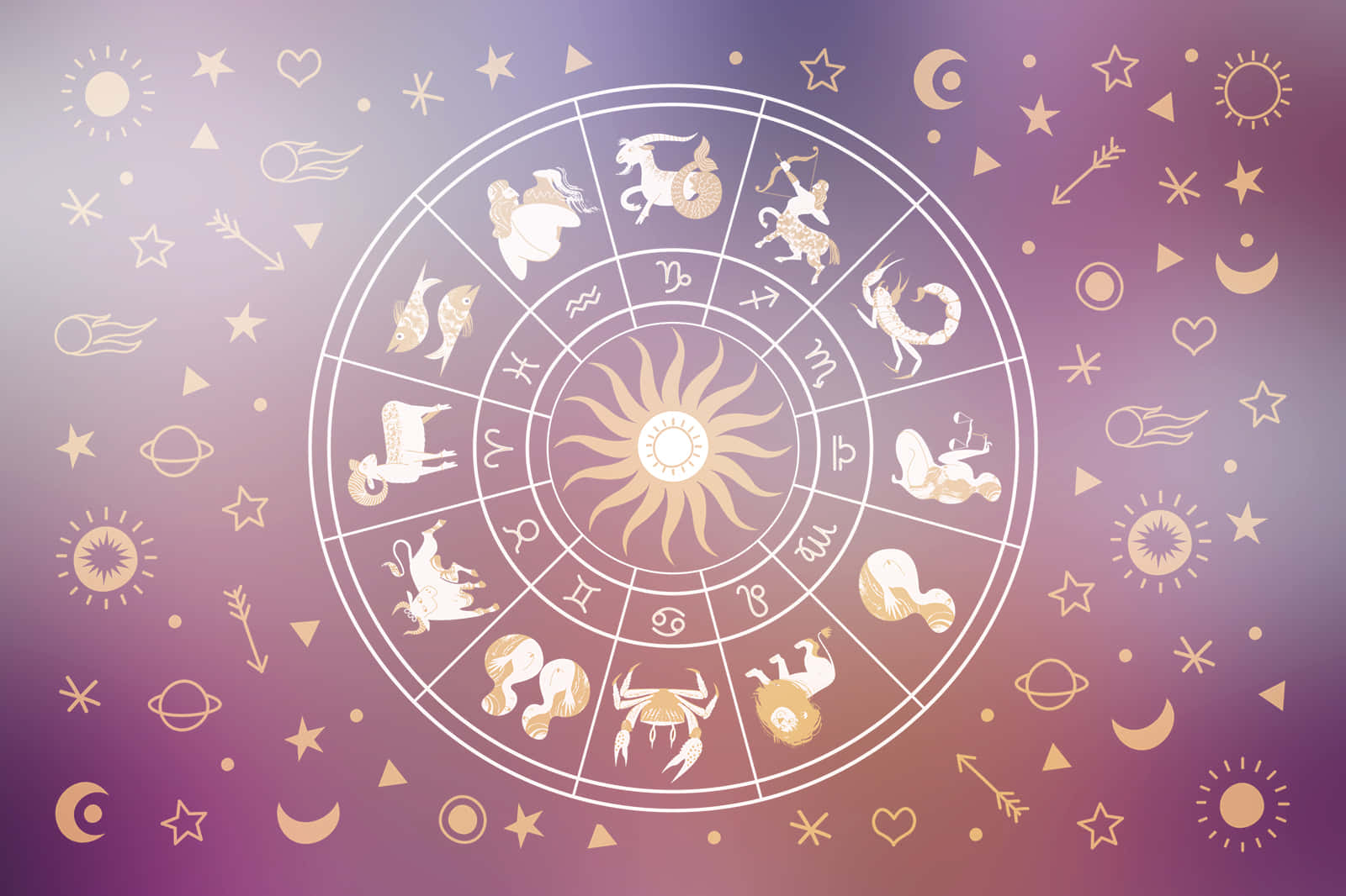 Zodiac Sign 桌布 壁紙 — 一個帶有占星符號的金色黃道輪，從太陽爆發中心向柔和紫色漸變背景放射光芒。