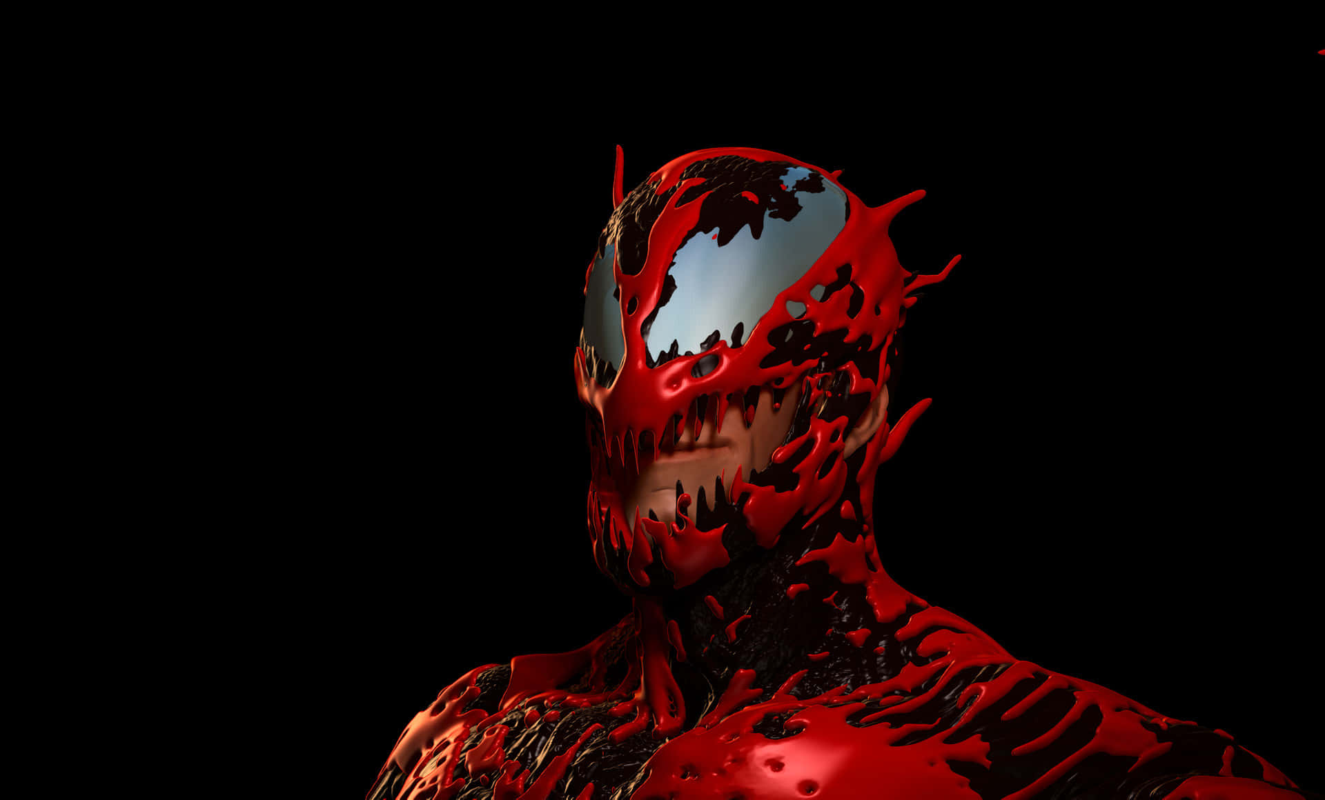 Maximum Carnage 桌布 壁紙 — 一個帶有反光銀色面具的威脅性紅色共生生物，在黑色虛空中向前凝視。