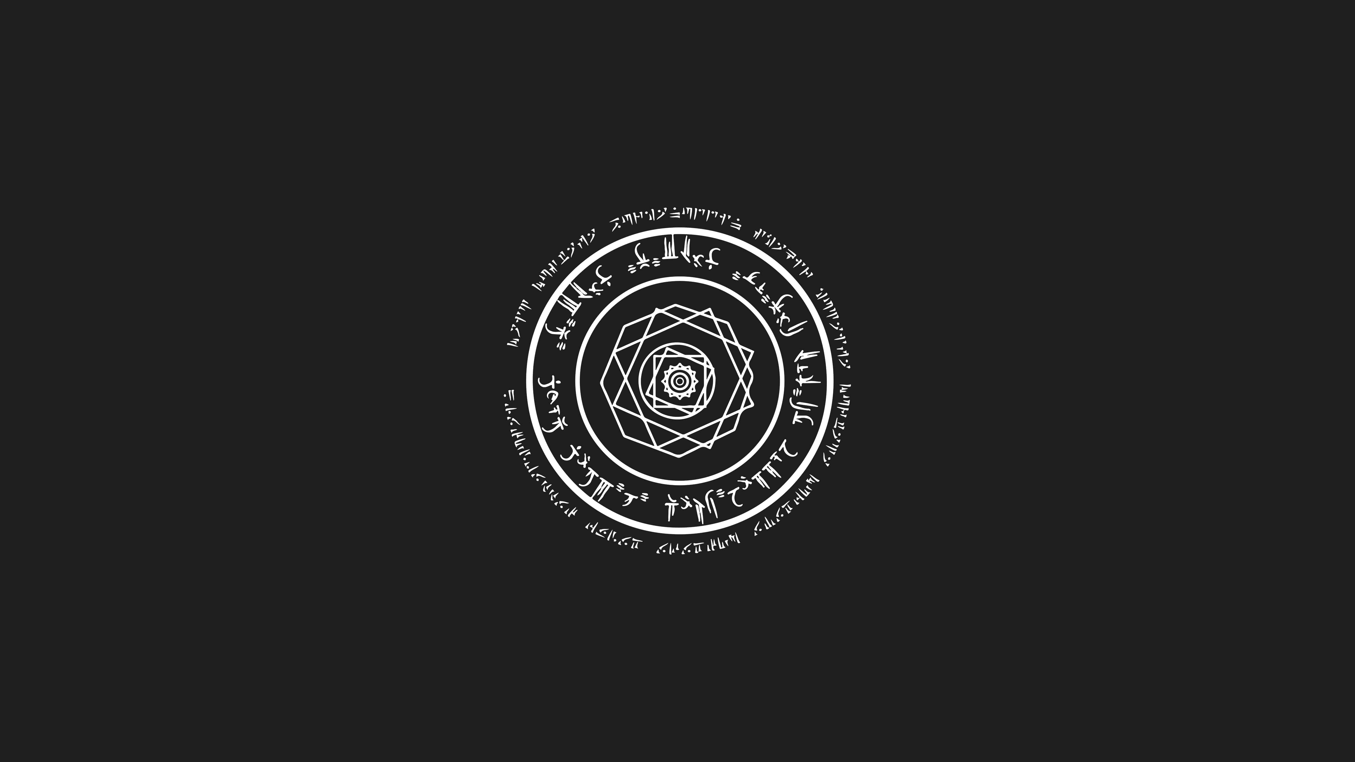 Marvel Black And White 桌布 壁紙 — 一個帶有古代文字的白色幾何符號，環繞著一個嵌套的多邊形設計，背景為純黑色。