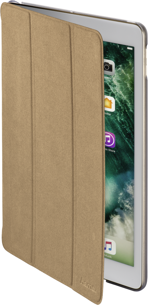 iPad Pro 桌布 壁紙 — 一個帶有可見縫線的棕色三折平板電腦保護套，內置一部銀色iPad，顯示綠色海浪桌布。