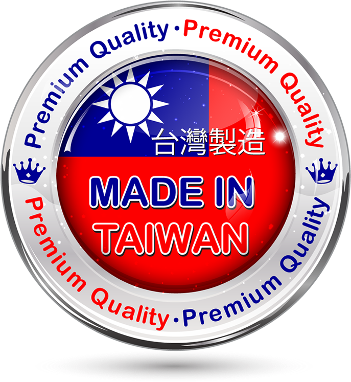 Clip Art 桌布 壁紙 — 一個帶有台灣國旗顏色和邊緣寫有「Made in Taiwan」和「Premium Quality」的光澤圓形徽章。