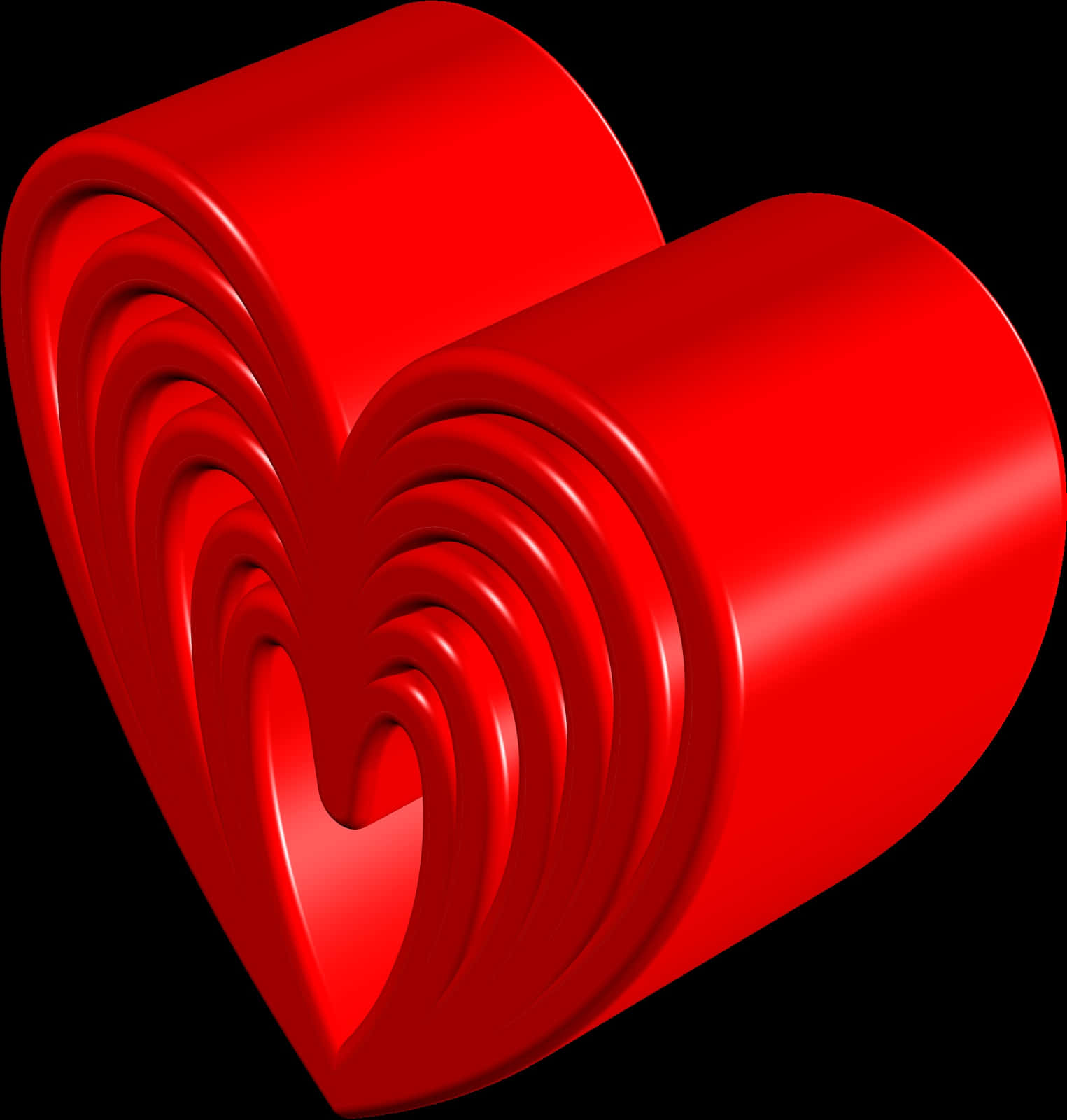 3d Heart 桌布 壁紙 — 一個帶有同心漩渦的光澤紅色3D心形，置於純黑背景上。
