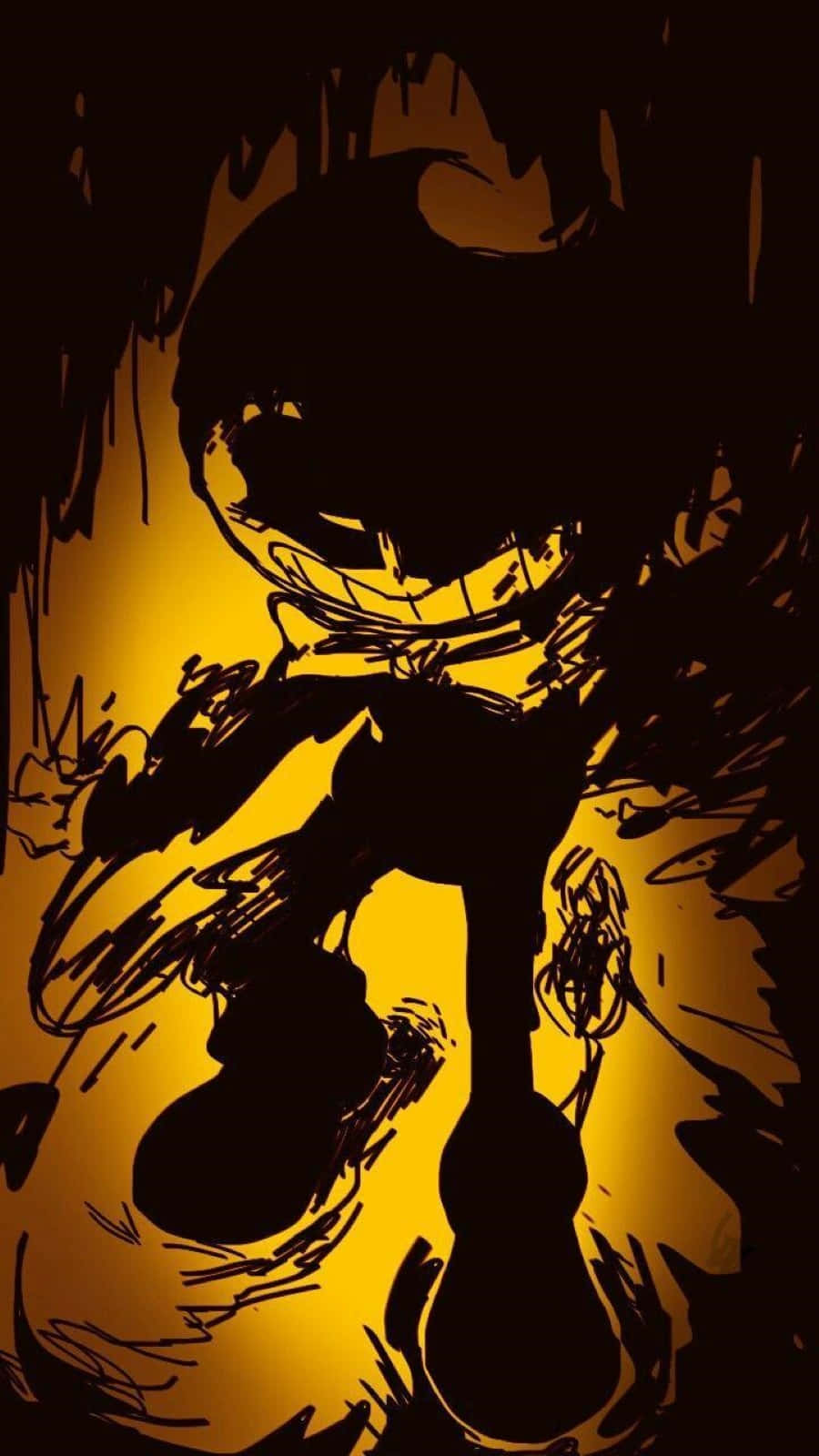 Bendy 桌布 壁紙 — 一個帶有咧嘴笑和滴落陰影的威脅性卡通角色，從發光的黃色背景中浮現。
