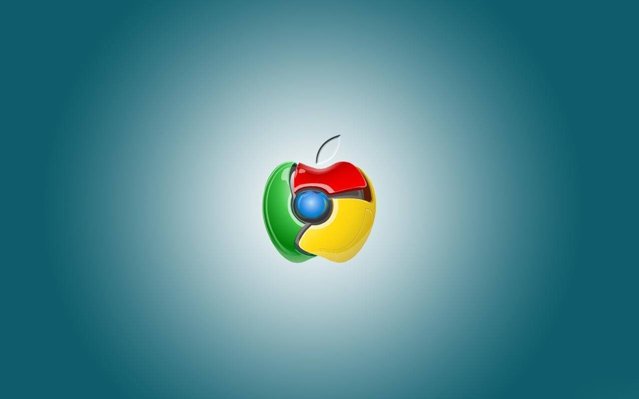 Google Chrome 桌布 壁紙 — 一個帶有咬痕和葉子的光澤蘋果標誌，與Google Chrome瀏覽器圖示融合在青綠色漸變背景上。