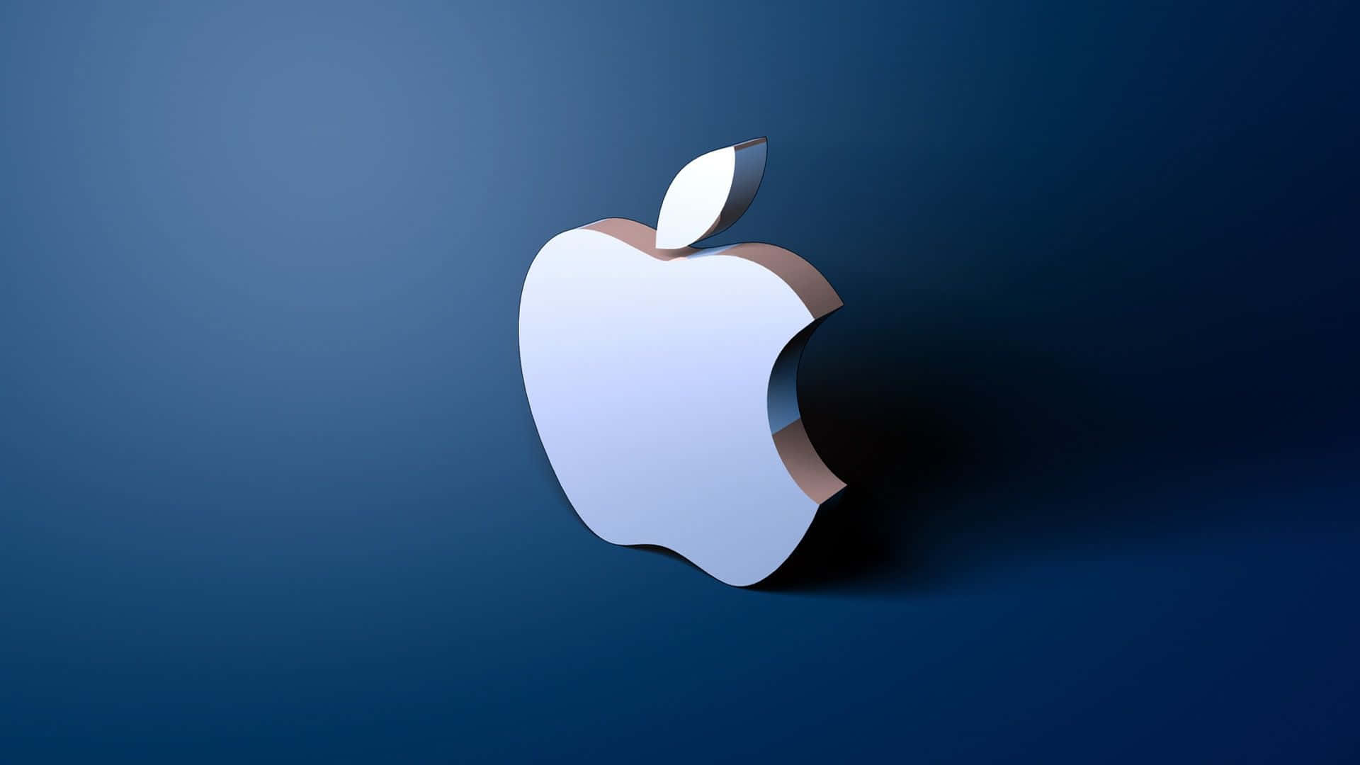 HD Apple 桌布 壁紙 — 一個帶有咬痕和葉子的時尚白色Apple標誌，居中放置在漸變藍色背景上。