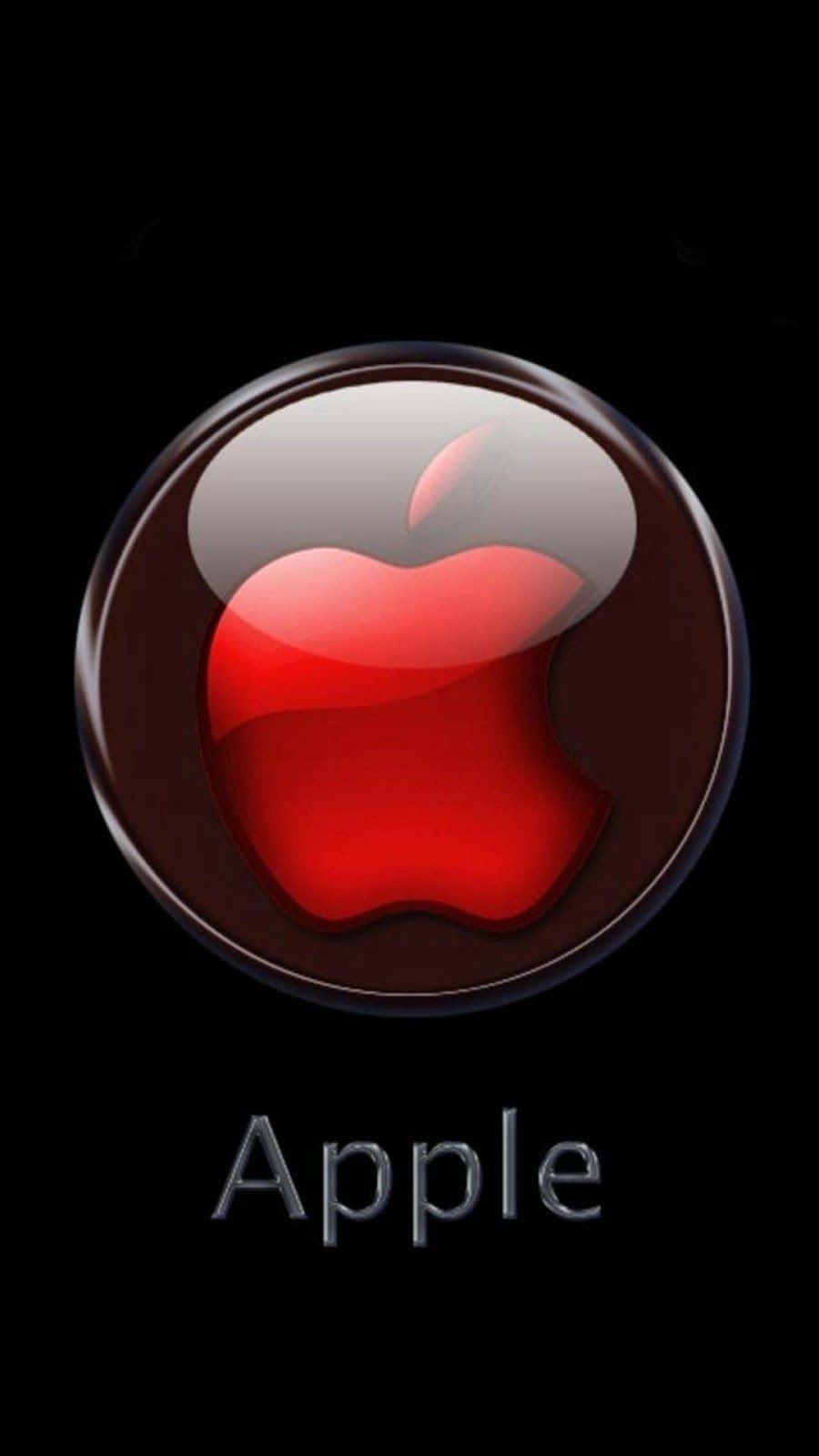 HD Apple 桌布 壁紙 — 一個帶有咬痕的光澤紅色Apple標誌位於圓形鉻框架中央，背景為黑色，下方有Apple字樣。