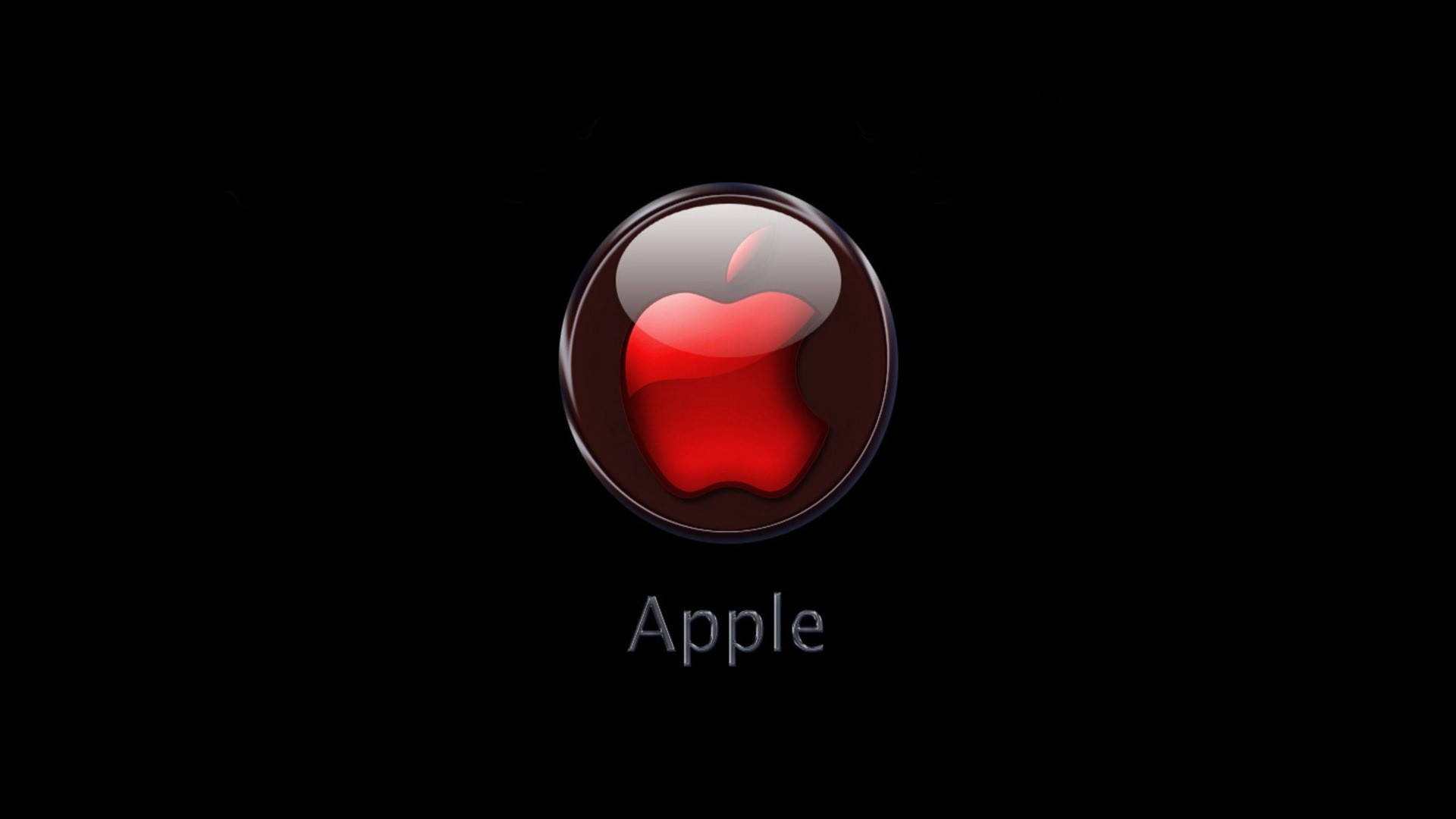 高清 桌布 壁紙 — 一個帶有咬痕的光澤紅色Apple標誌位於黑色背景的深色圓圈中央，下方有Apple字樣。
