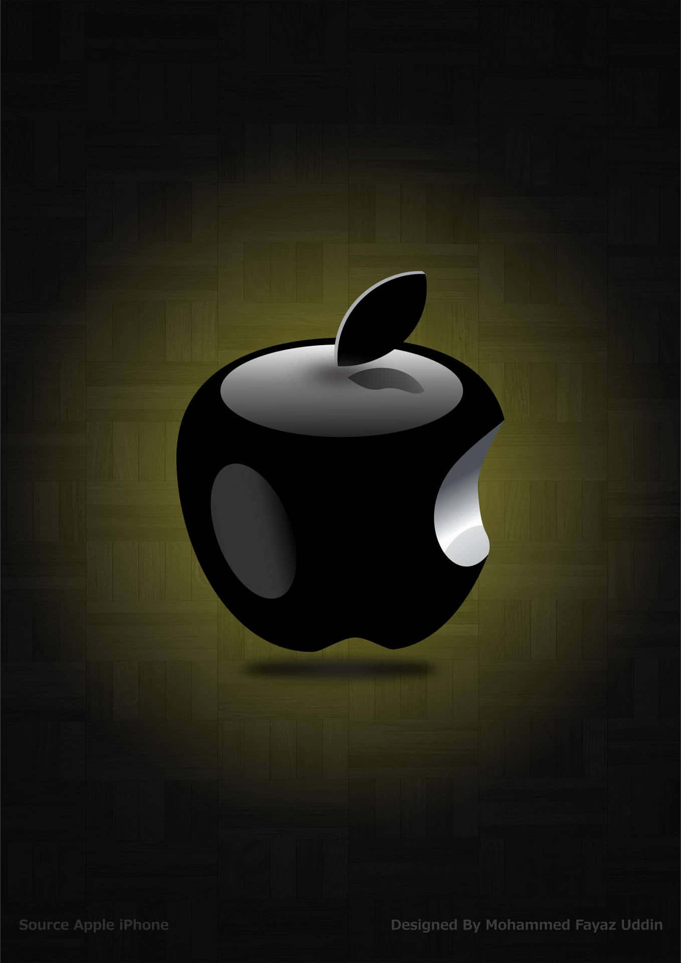 4K Apple 桌布 壁紙 — 一個帶有咬痕的光澤黑色Apple標誌在聚光燈下於深色紋理背景上發光。