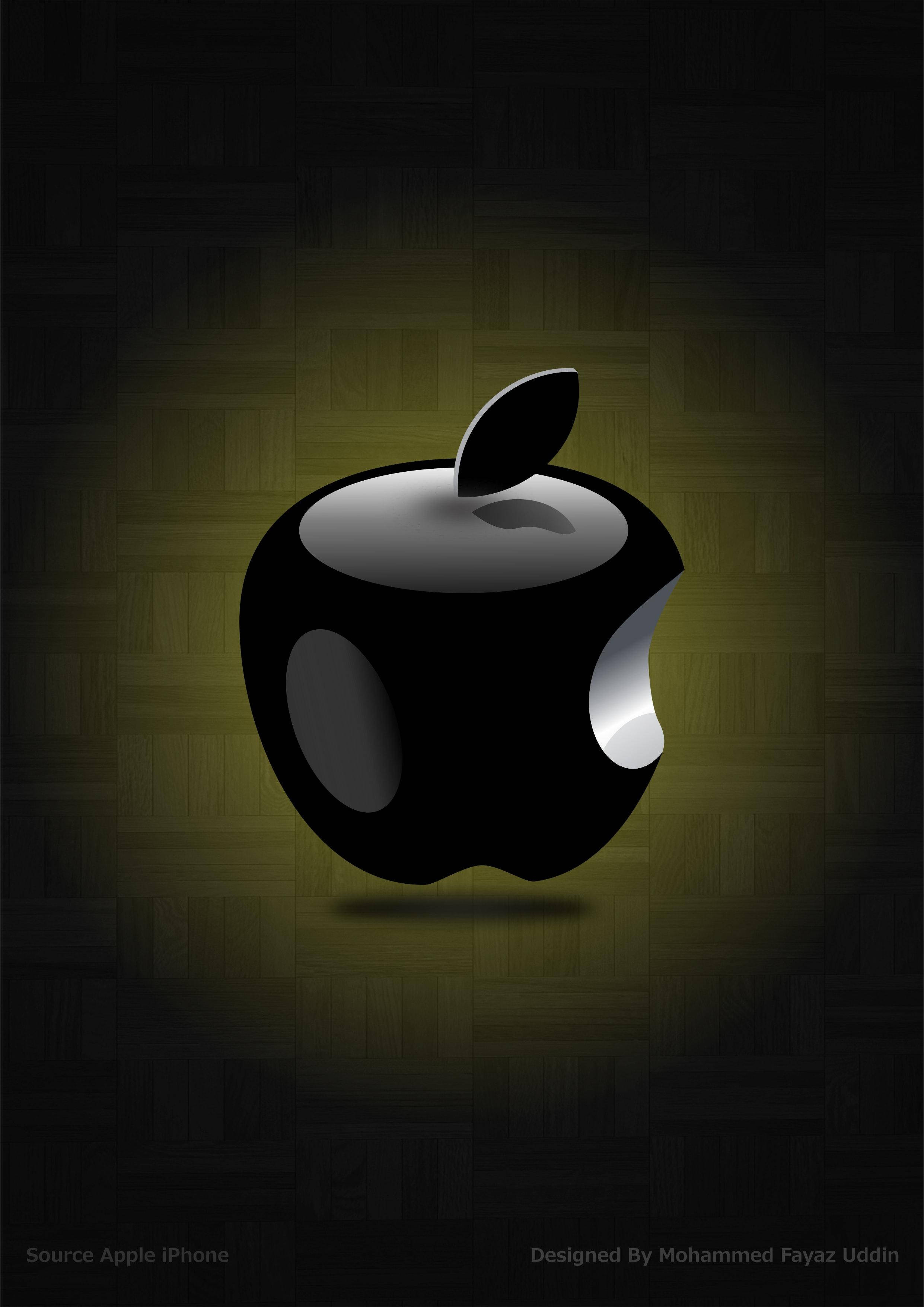 3D 桌布 壁紙 — 一個帶有咬痕的光澤黑色Apple標誌在聚光燈下於深色木質背景上發光。