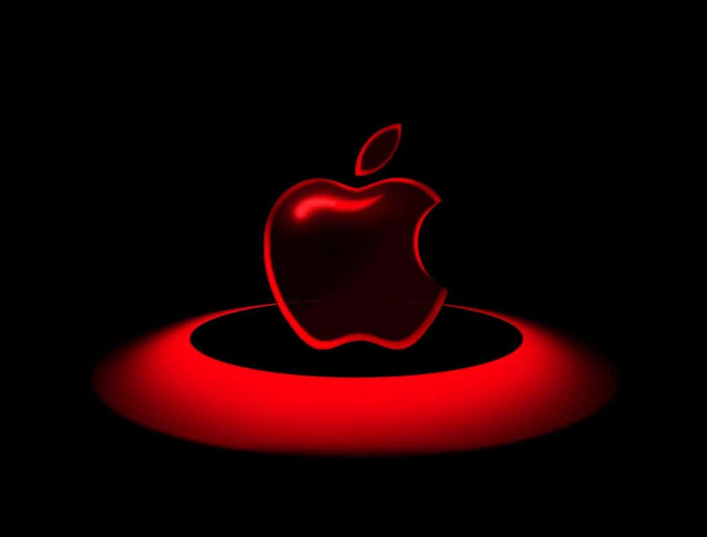 HD Apple 桌布 壁紙 — 一個帶有咬痕的發光紅色蘋果標誌，位於純黑色背景上一個發光的紅色圓形光線中央。