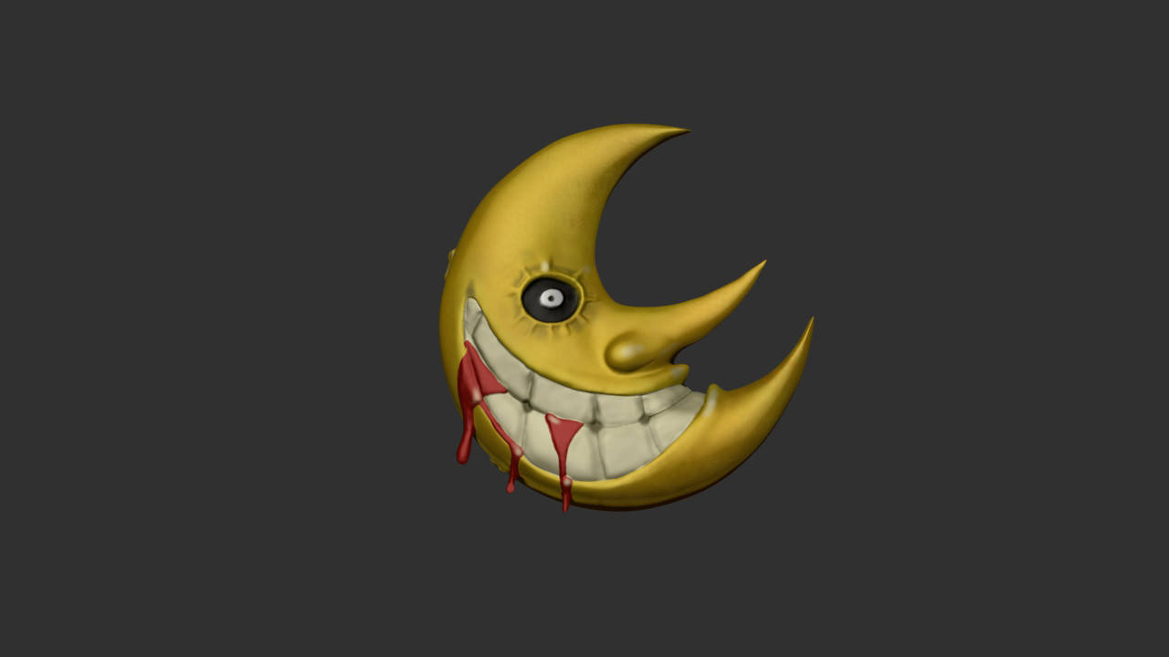 soul eater moon 桌布 壁紙 — 一個帶有單眼、血從寬闊牙齒笑容滴下的威脅性金色新月。