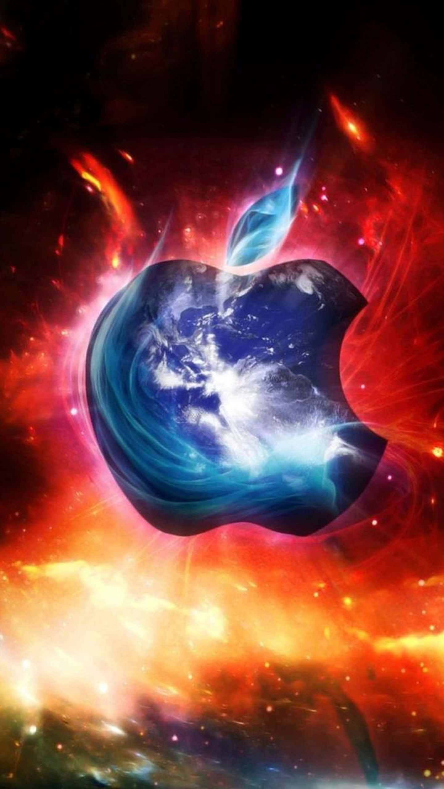 Mac 桌布 壁紙 — 一個帶有地球紋理的宇宙蘋果標誌，在熾熱星雲背景下發光。