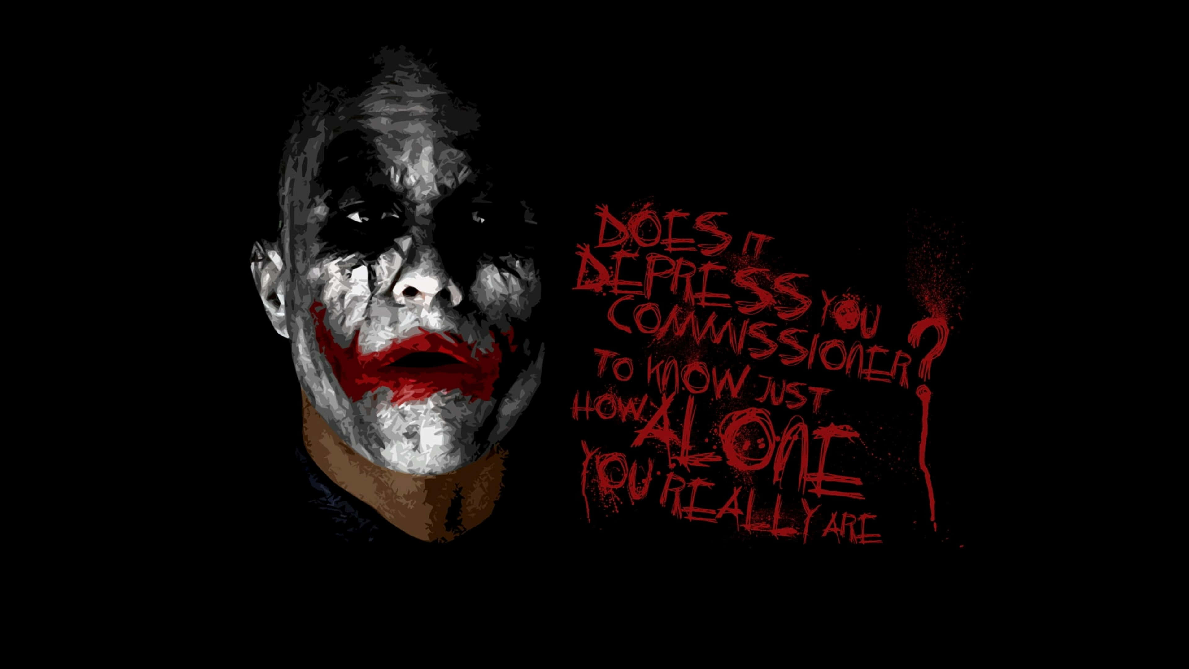 Dark Knight Joker In 4K Ultra HD 桌布 壁紙 — 一個帶有塗抹白色臉部顏料和鮮豔紅唇的威脅性小丑，在黑色背景上凝視，並有鋸齒狀紅色文字詢問這是否讓局長知道他有多孤獨而感到沮喪。
