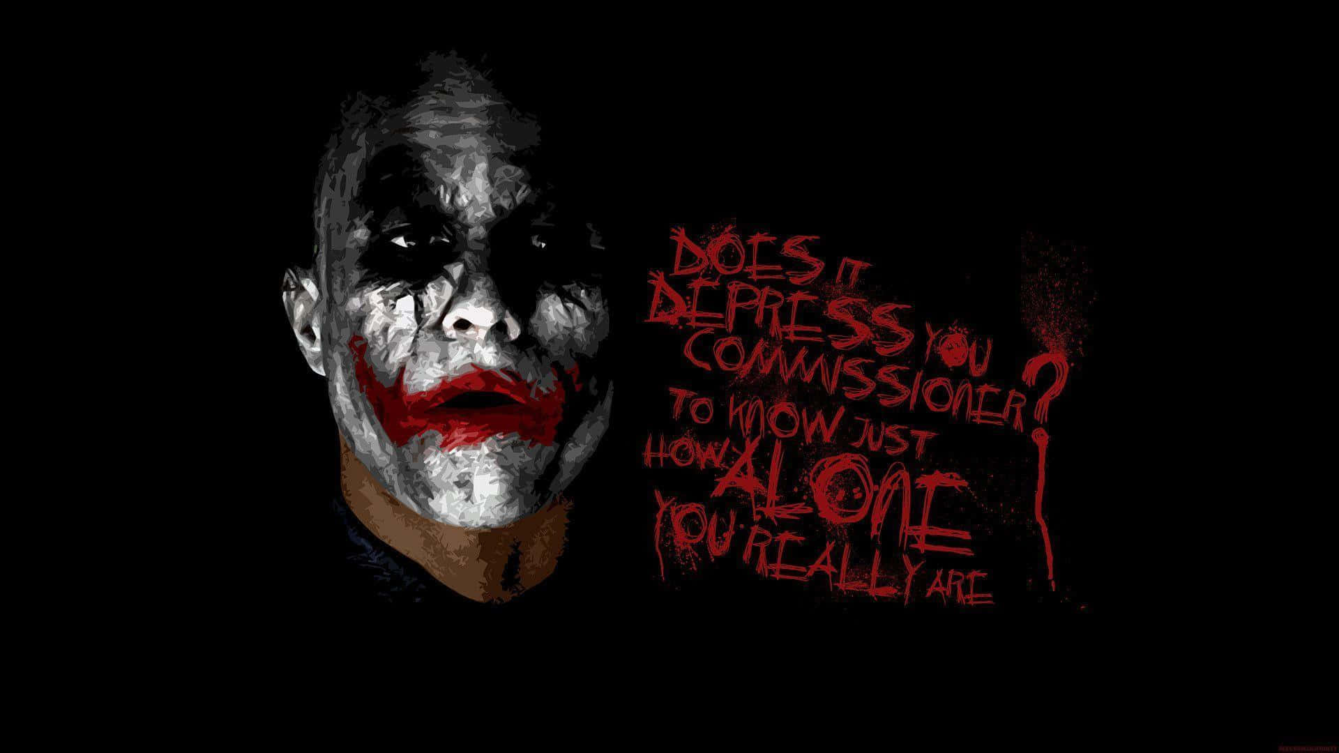 Evil Joker 桌布 壁紙 — 一個帶有塗污白色臉龐和紅色嘴唇的威脅性小丑，在黑色背景上與紅色塗鴉文字對視。