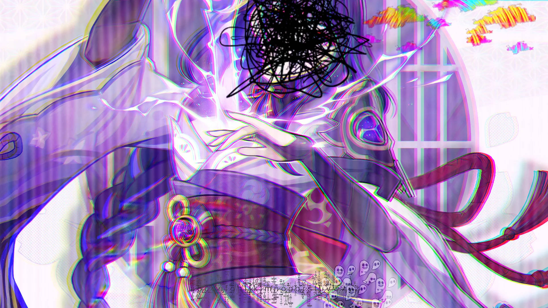 怪核 桌布 壁紙 — 一個帶有塗鴉臉和飄逸紫色長袍的故障動漫角色，在破碎的窗戶背景下釋放電能。