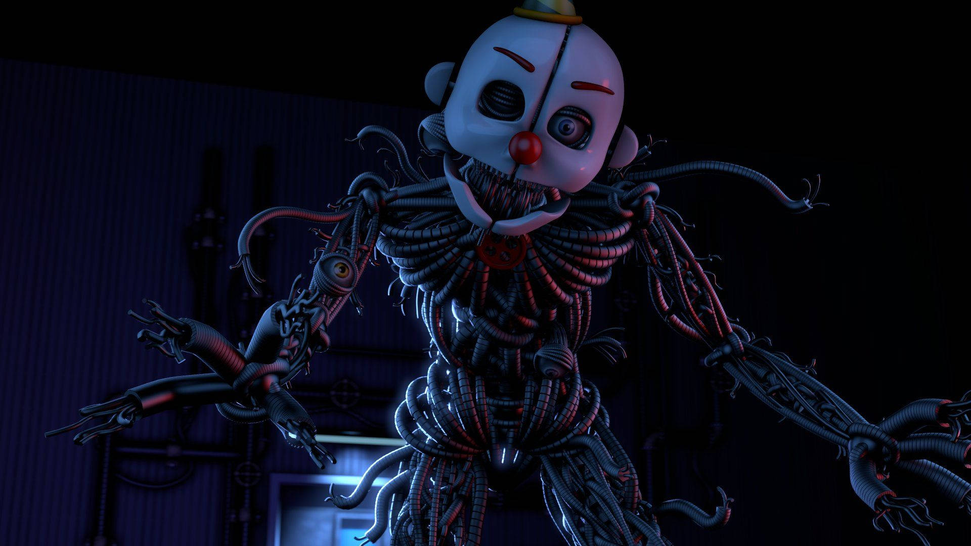 Ennard 桌布 壁紙 — 一個帶有外露電線和管道的威脅性電子動畫小丑，在藍色燈光下的黑暗工業房間裡站立。