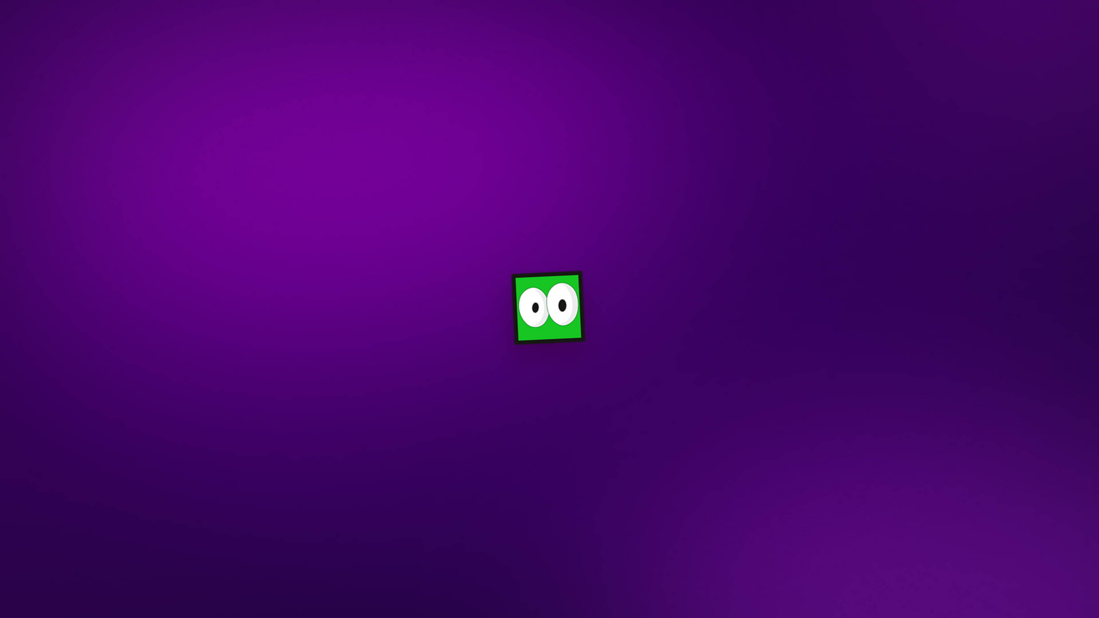 Twitch 桌布 壁紙 — 一個帶有大白色眼睛的小綠色正方形，獨自漂浮在紫色漸變背景上。