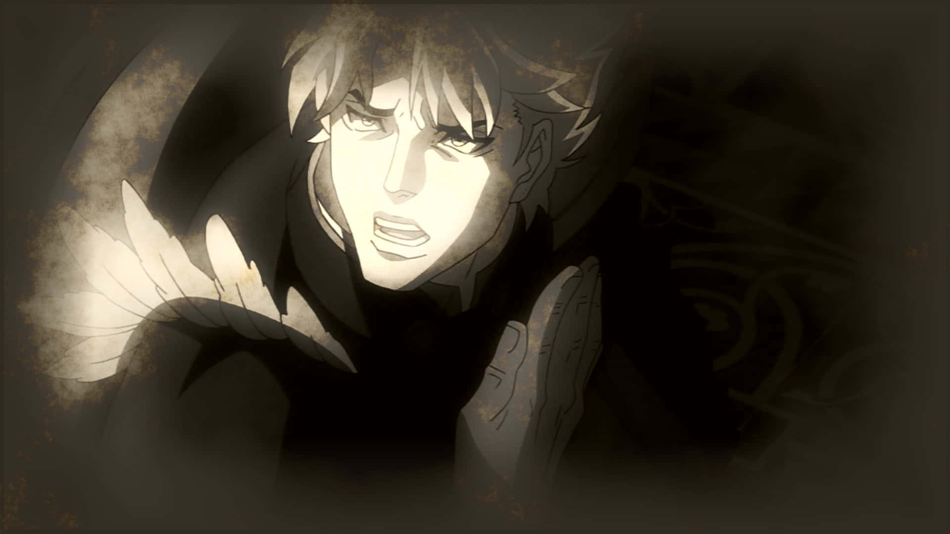 Dio Brando 桌布 壁紙 — 一個帶有天使翅膀的戲劇性動漫角色，在黑暗、憂鬱的懷舊色調場景中凝視。