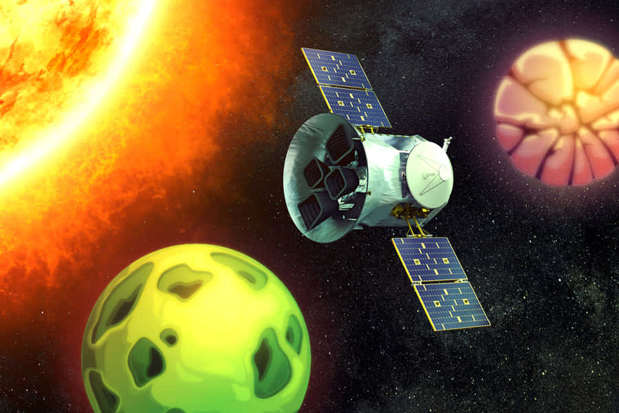 Satellite Technology 桌布 壁紙 — 一個帶有太陽能板的衛星在熾熱的太陽和色彩繽紛的外星行星之間運行，背景是繁星點點的宇宙。