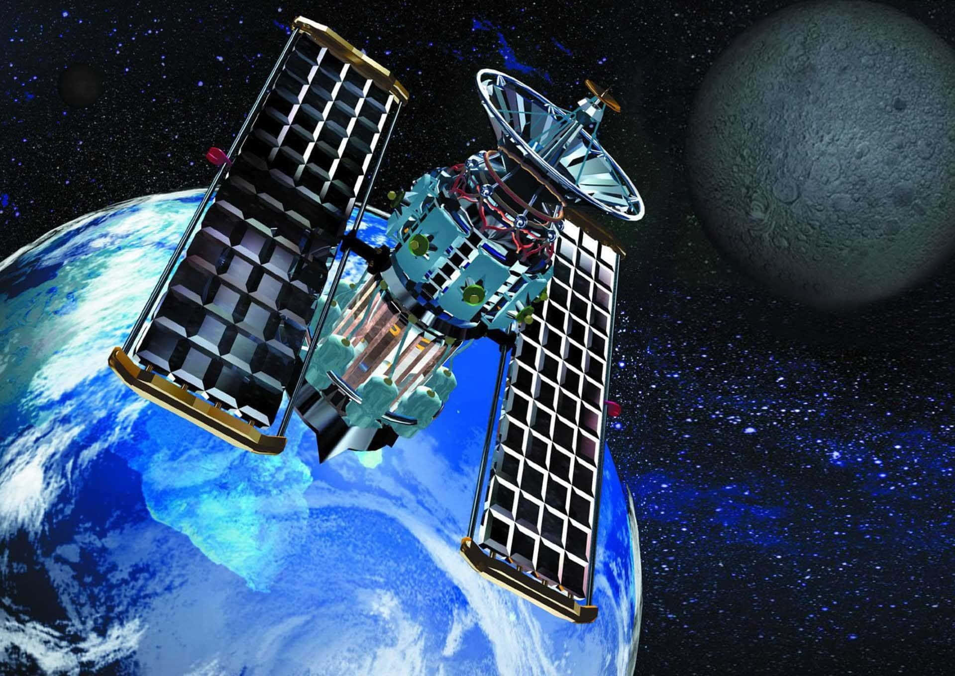 Space Technology 桌布 壁紙 — 一個帶有太陽能板的詳細衛星，在可見月亮的星空背景下繞地球運行。
