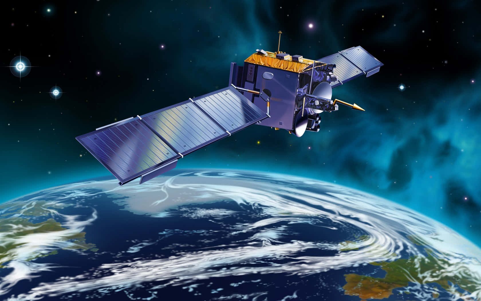 Space Technology 桌布 壁紙 — 一個帶有太陽能板的詳細衛星，在星光熠熠的宇宙背景下繞地球運行，背景中有發光的星雲。