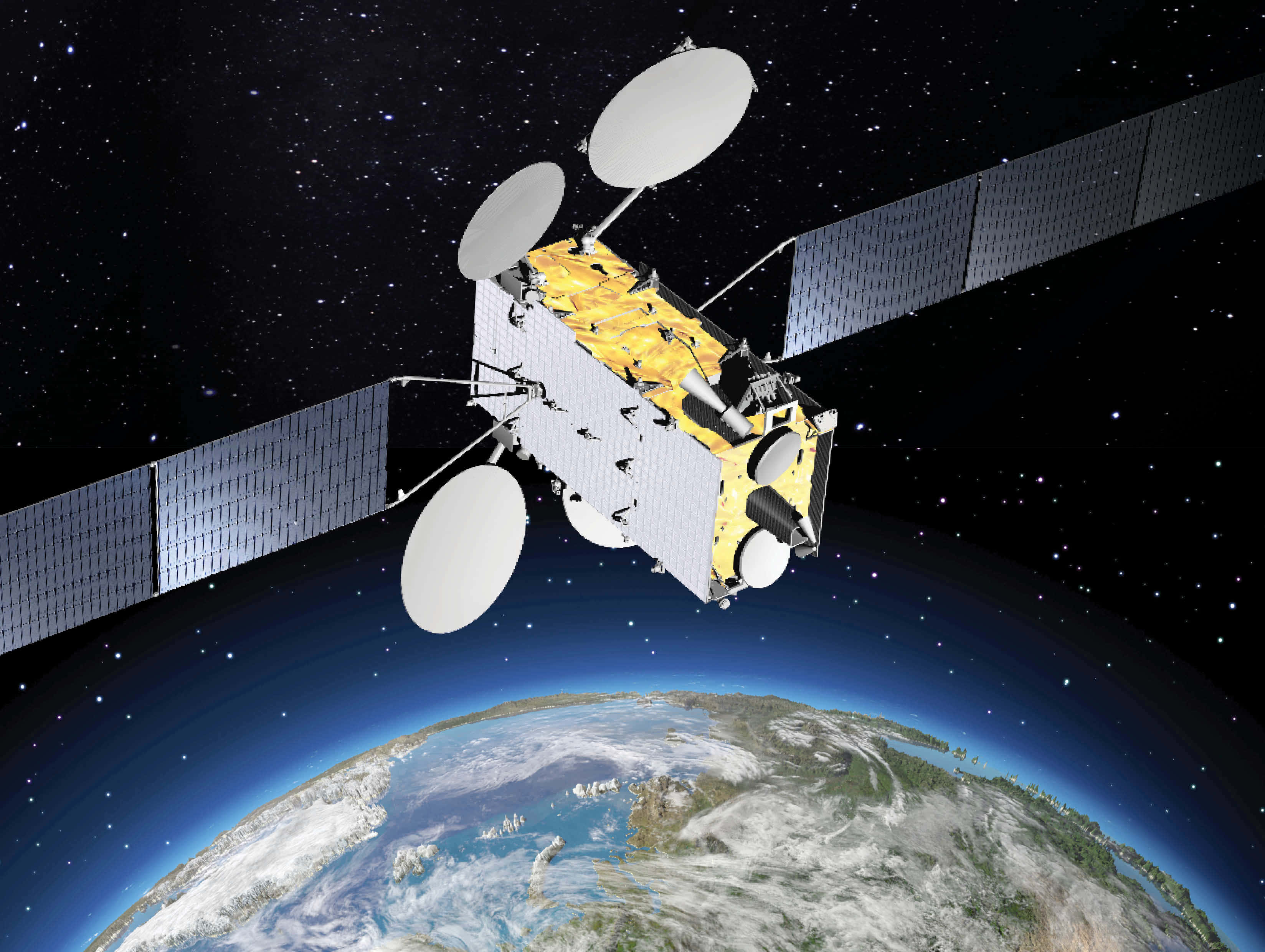 Satellite 桌布 壁紙 — 一個帶有太陽能板的詳細衛星，在繁星點點的黑色天空中繞地球運行。