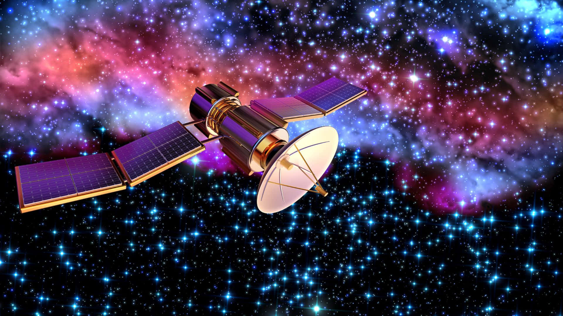 Live Space 桌布 壁紙 — 一個帶有太陽能板的詳細衛星，滑翔過充滿發光星星和紫粉色雲朵的 vibrant 宇宙星雲。