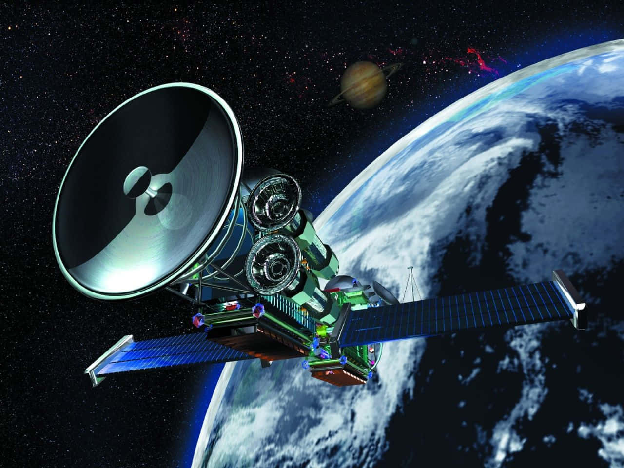 Satellite 桌布 壁紙 — 一個帶有太陽能板的詳細衛星繞地球運行，在星空背景中可以看到土星。