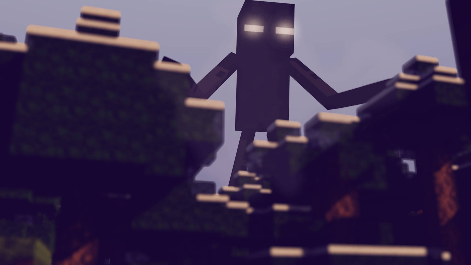 Enderman 桌布 壁紙 — 一個帶有威脅性的像素化終界使者聳立在一片方塊樹木的森林之上，天空昏暗。