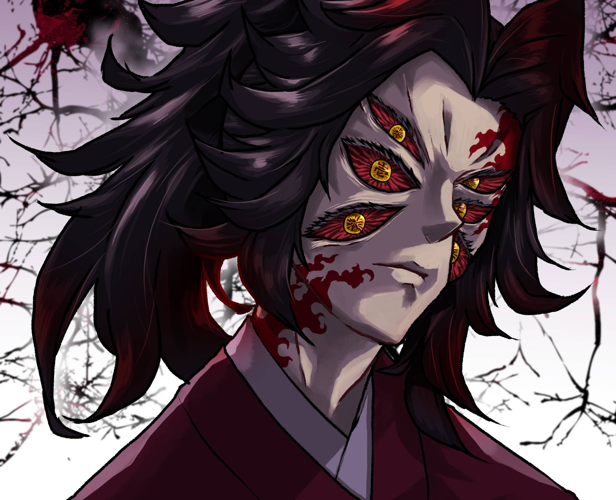 Kokushibo 桌布 壁紙 — 一個帶有威脅性的動漫惡魔，黑髮血臉，在光禿扭曲的樹枝背景下凝視著。