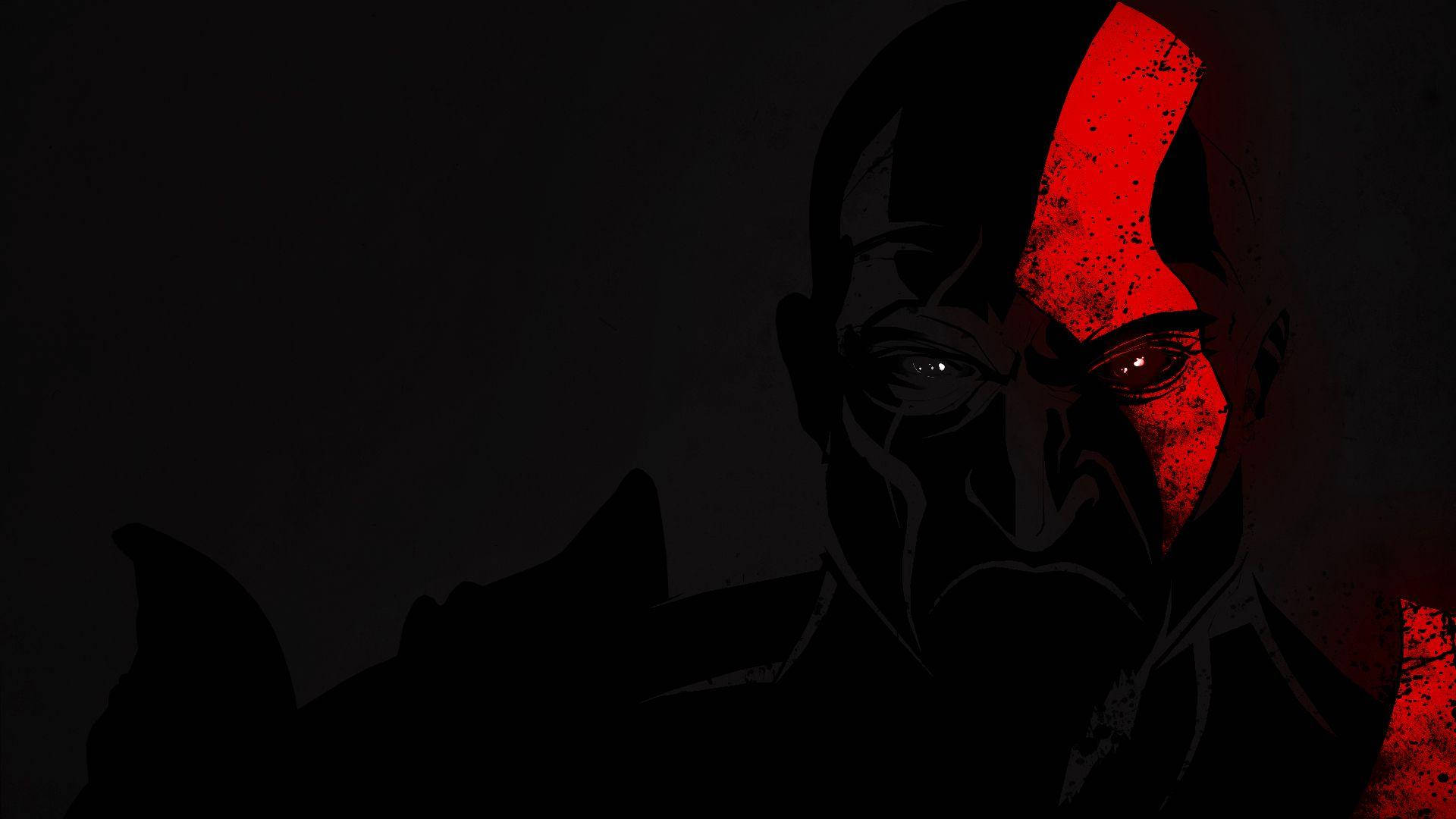 Kratos 桌布 壁紙 — 一個帶有威脅性的動漫角色，半邊臉在陰影中，半邊臉在黑暗背景下發出紅光。
