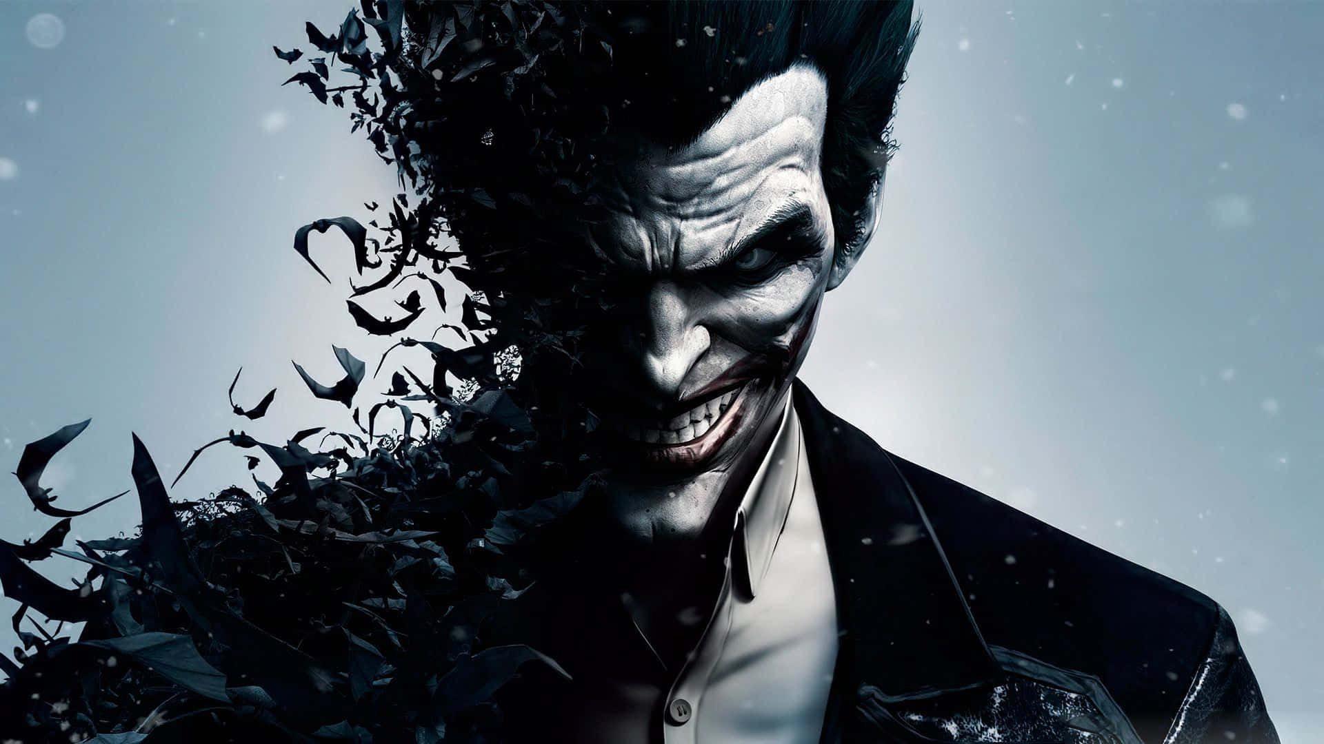 Batman Comics 桌布 壁紙 — 一個帶有威脅性的小丑，他的頭髮在雪灰色背景下溶解成深色羽毛。