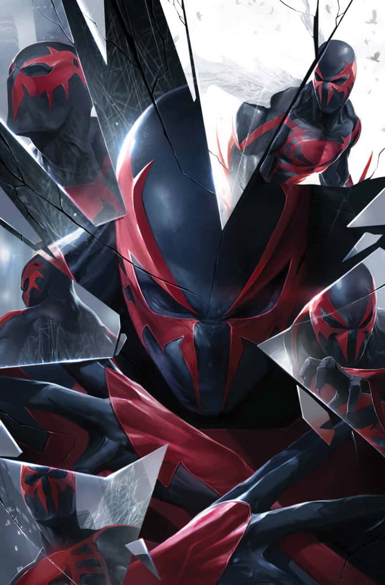 Spider Man 2099 桌布 壁紙 — 一個帶有威脅性的紅色和黑色蒙面超級英雄穿過破碎的玻璃出現，帶有多個碎片化的倒影。