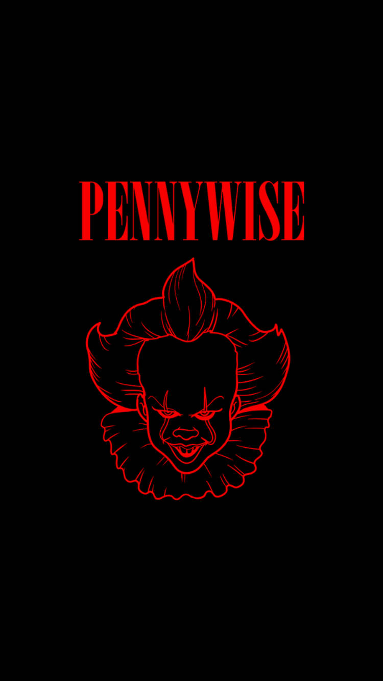 小丑潘尼懷斯 桌布 壁紙 — 一個帶有威脅性的紅色小丑Pennywise輪廓，上方有名字，背景為純黑色。