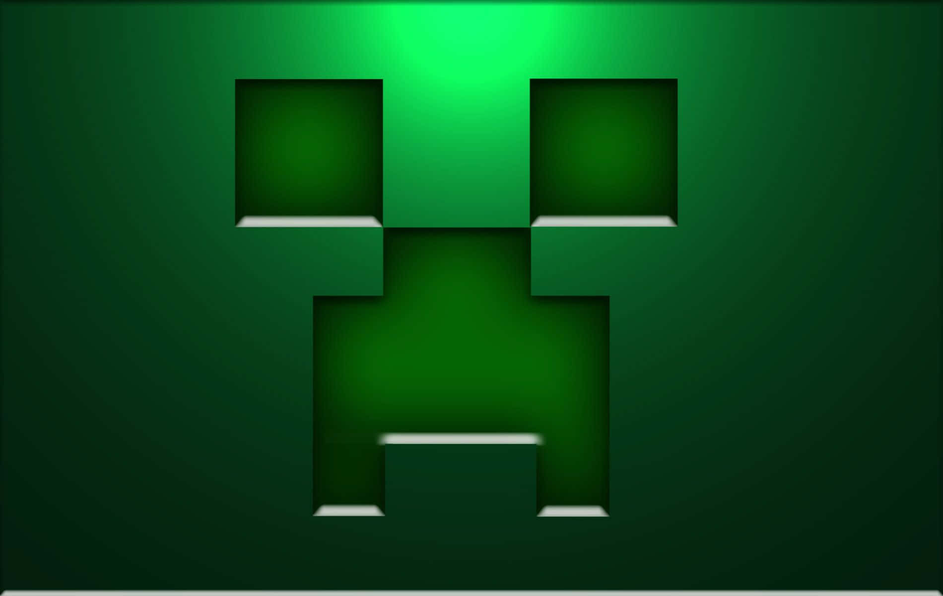 Minecraft Phone 桌布 壁紙 — 一個帶有威脅性的綠色像素化苦力怕面孔在漸變深綠色背景上發光。