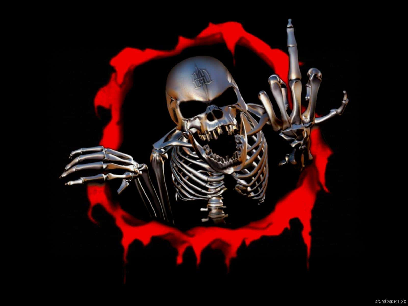 Awesome Skull 桌布 壁紙 — 一個帶有威脅性的金屬骷髏從黑色背景上的鋸齒狀紅色破洞中衝出，做出挑釁的手勢。