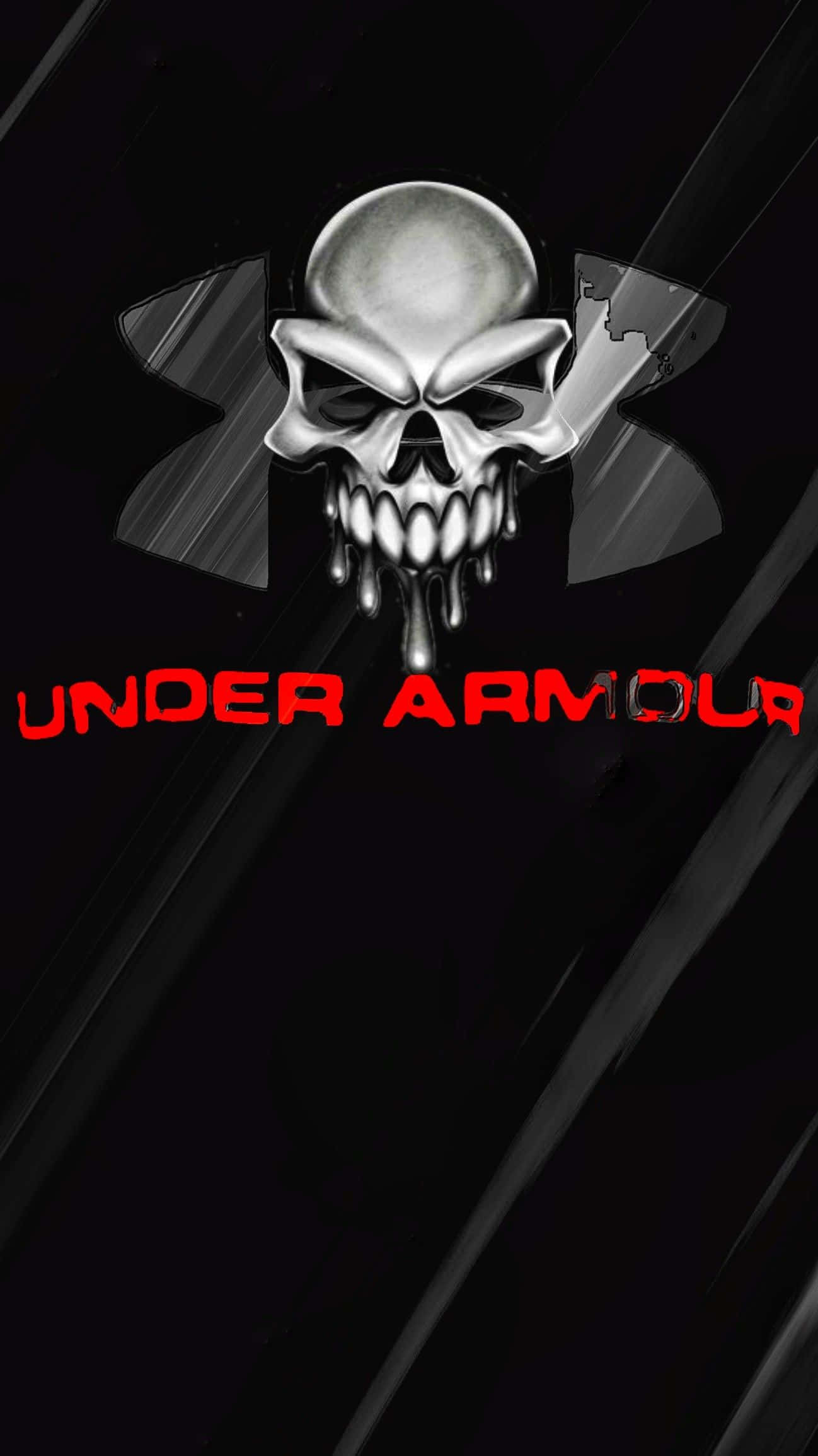 Under Armour 桌布 壁紙 — 一個帶有威脅性的金屬骷髏頭在破碎的Under Armour標誌下方滴落液體，背景為深色條紋。