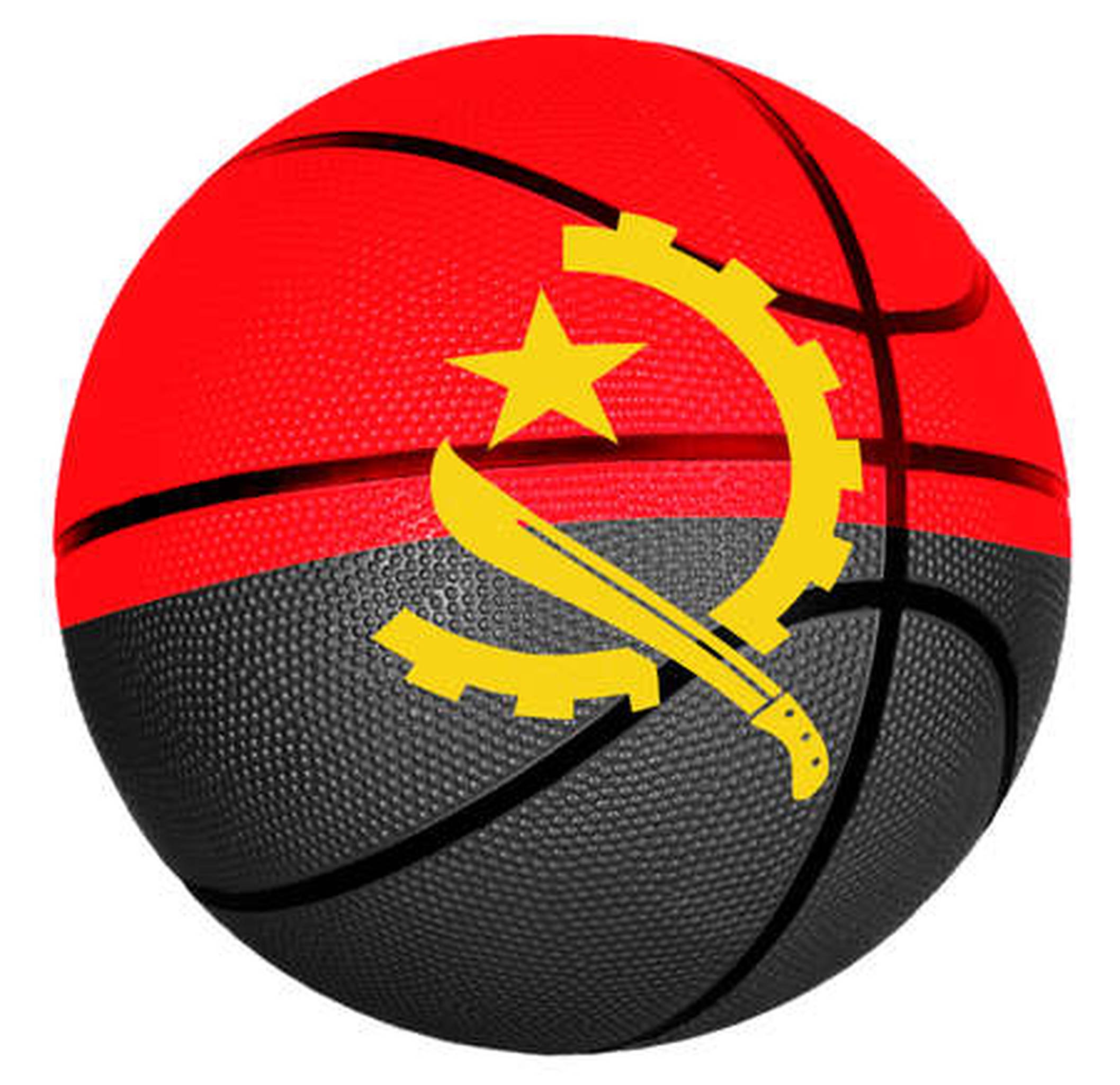Angola 桌布 壁紙 — 一個帶有安哥拉國旗圖案的籃球，上半部為紅色，下半部為黑色，顯示黃色星星、齒輪和彎刀標誌。