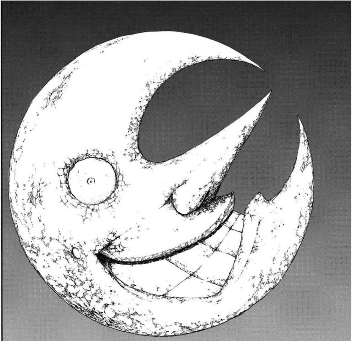 soul eater moon 桌布 壁紙 — 一個帶有寬闊牙齒笑容和單眼的威脅性新月，從深色漸變背景中凝視出來。
