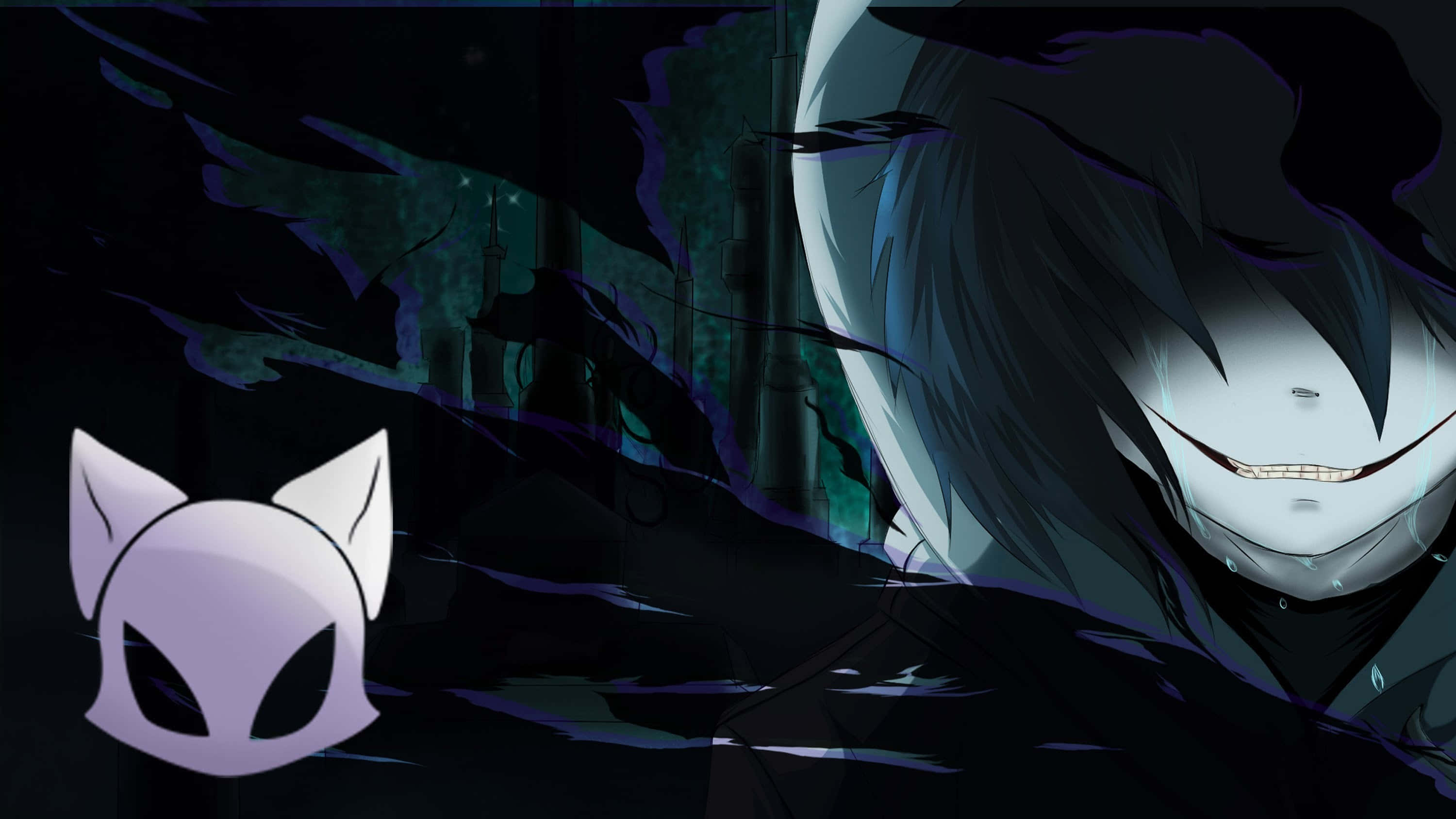 Jeff The Killer 桌布 壁紙 — 一個帶有寬闊笑容和深色頭髮的威脅性動漫角色，在陰暗詭異的場景中籠罩著一個白色貓面具。