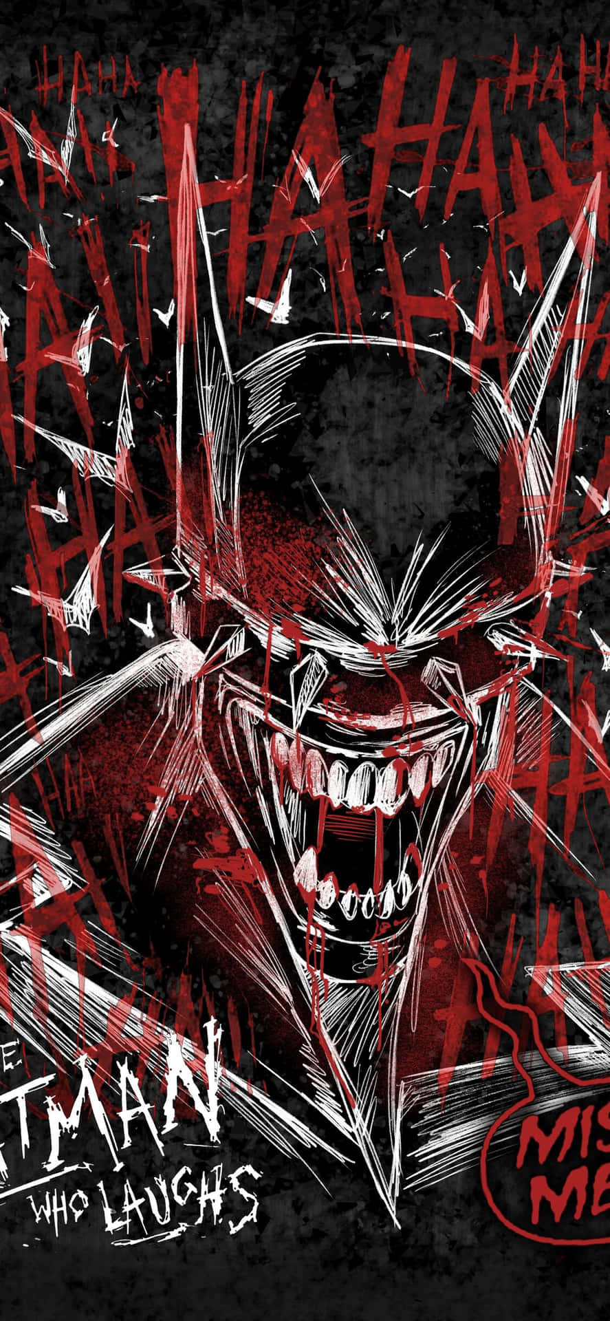 The Batman Who Laughs 桌布 壁紙 — 一個帶有寬闊笑容和血紅色飛濺的威脅性蝙蝠俠笑匠，背景為深色。