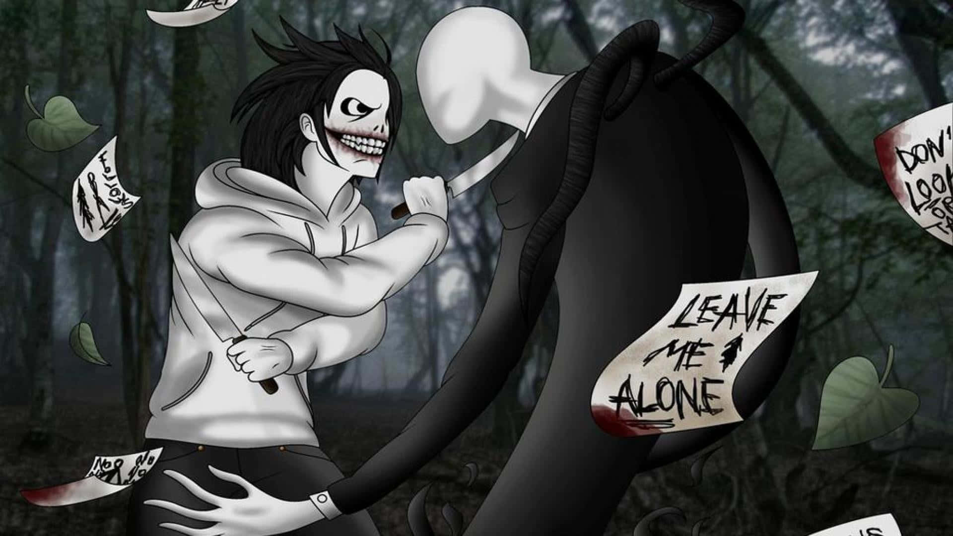 Jeff The Killer 桌布 壁紙 — 一個帶有寬闊笑容和黑髮的威脅性動漫角色，在黑暗森林中與一個高大的沉默身影對峙，周圍漂浮著警告便條。
