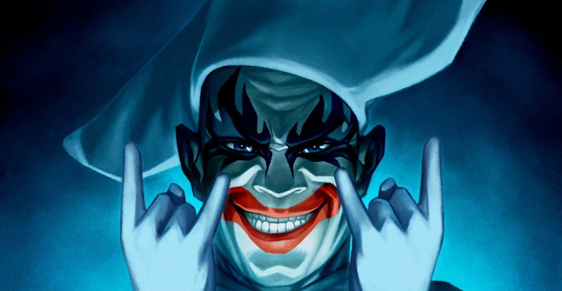 Joker Art 桌布 壁紙 — 一個帶有寬闊紅色笑容和黑色臉部彩繪的威脅性小丑，在深藍色背景前做出搖滾手勢。