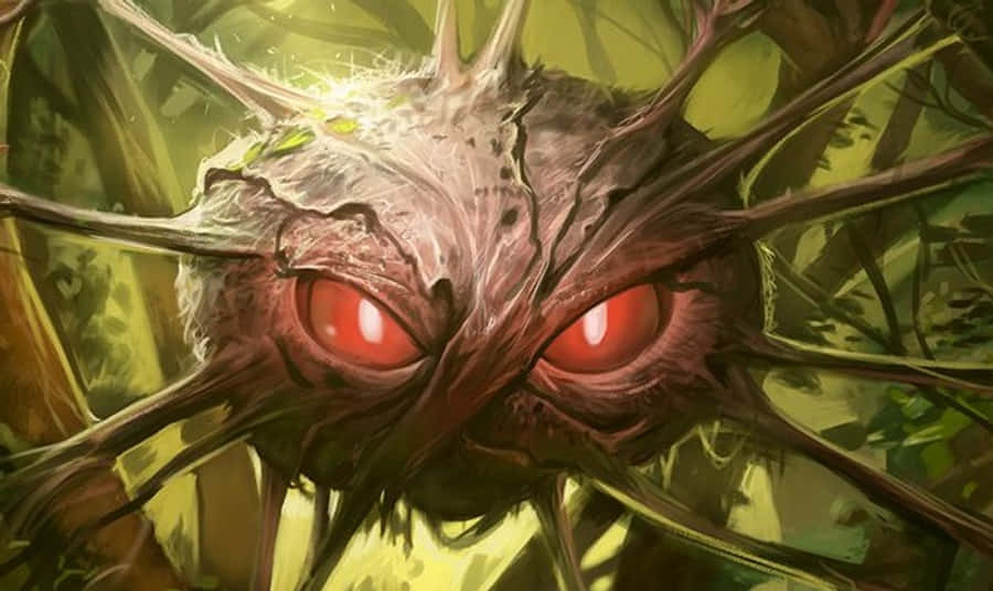 寶可夢 桌布 壁紙 — 一個帶有尖刺、眼睛發出紅光的可怕生物，從黑暗叢林茂密的綠色樹葉中出現。