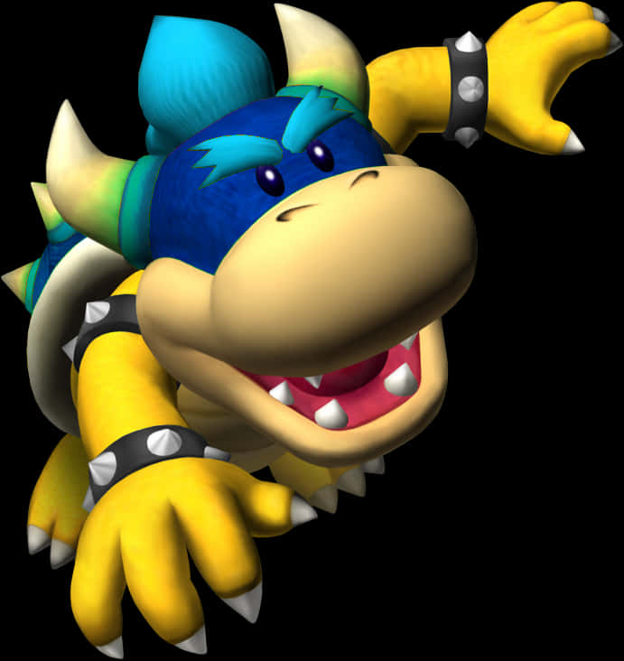 bowser 桌布 壁紙 — 一個帶有尖刺手臂和咧嘴笑的藍黃色恐龍狀角色，背景為黑色。