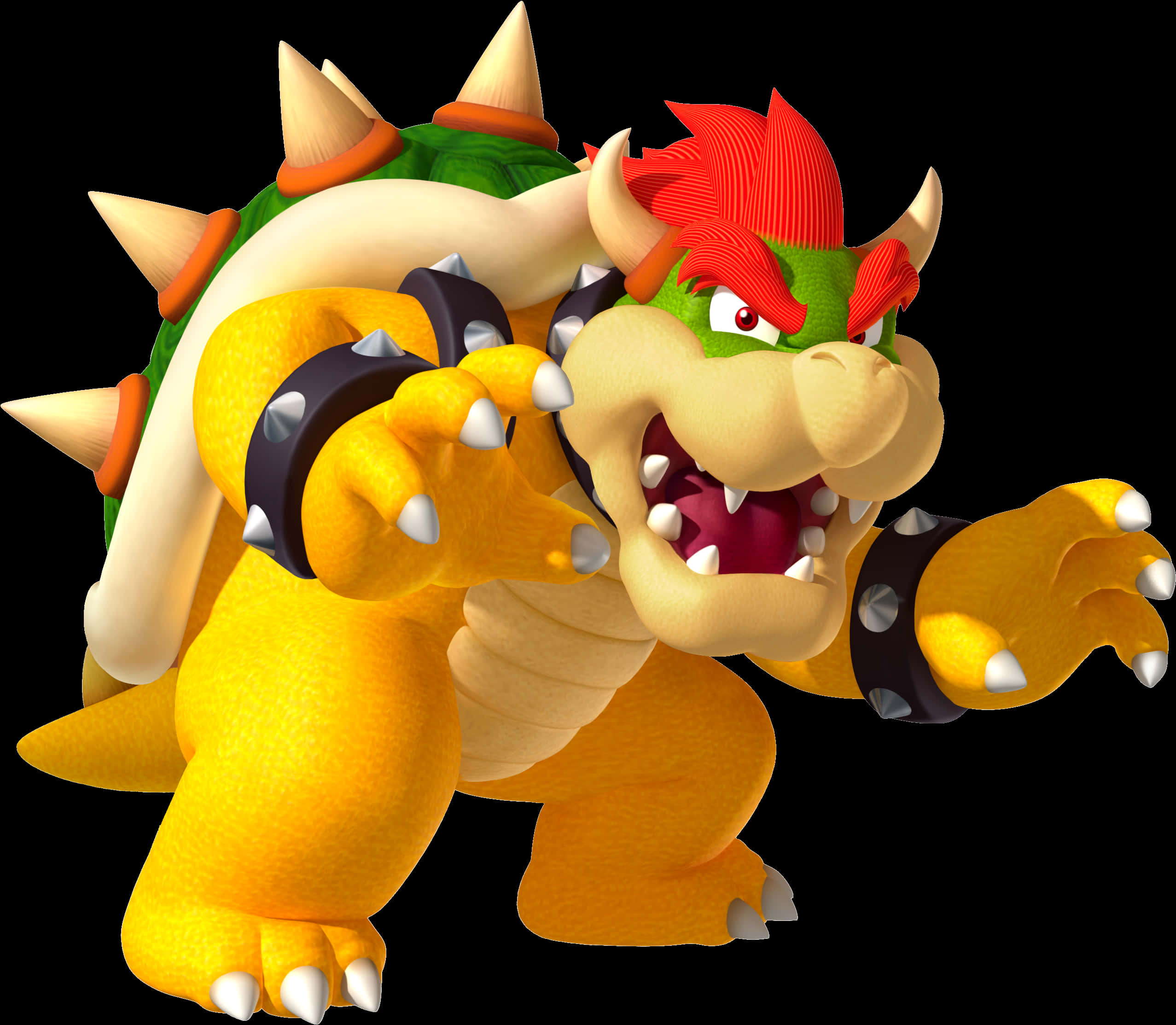 bowser 桌布 壁紙 — 一個帶有尖刺殼和爪子的威脅性3D渲染庫巴，在黑色背景上向前猛撲。